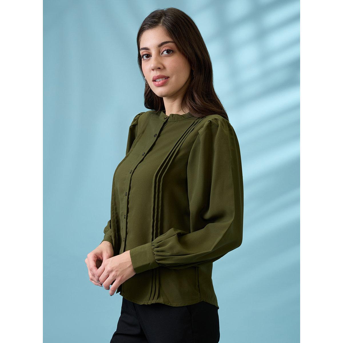 Globus X Styli Dark Green Workwear Shirt with Pintuck-women-clothing-shirtsandblouses-shirts-image-2