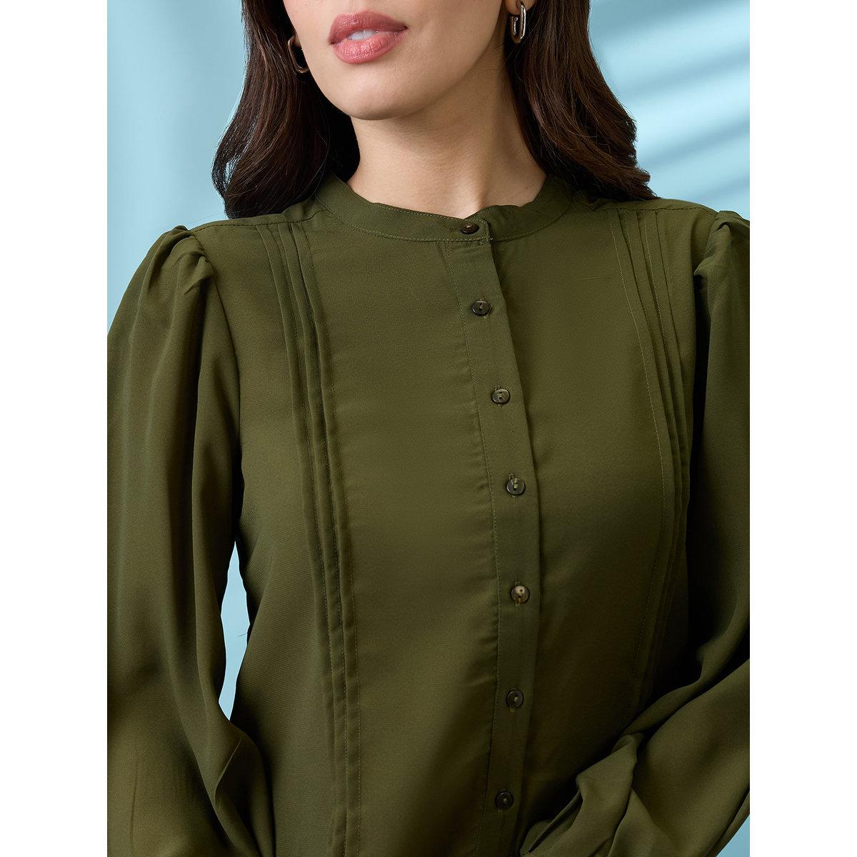 Globus X Styli Dark Green Workwear Shirt with Pintuck-women-clothing-shirtsandblouses-shirts-image-4