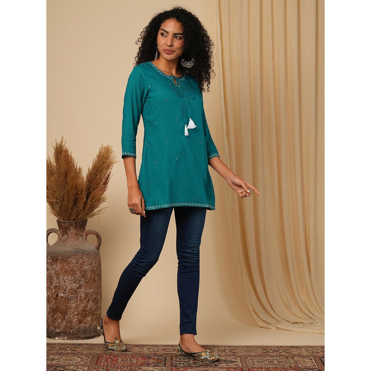 Globus X Styli Green Embellished Tie -Up Workwear Tunic-women-clothing-shirtsandblouses-blouses-image-2
