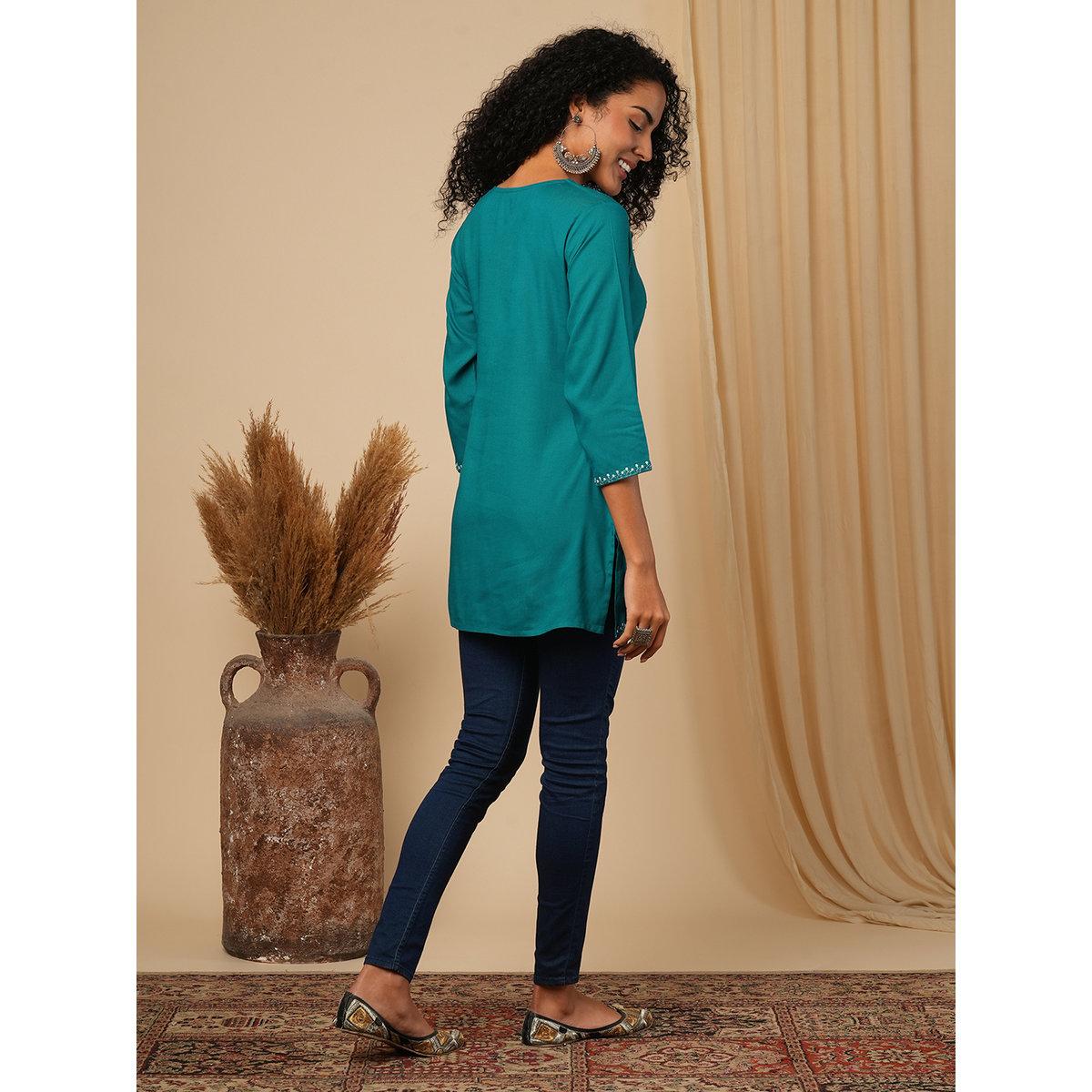 Globus X Styli Green Embellished Tie -Up Workwear Tunic-women-clothing-shirtsandblouses-blouses-image-3
