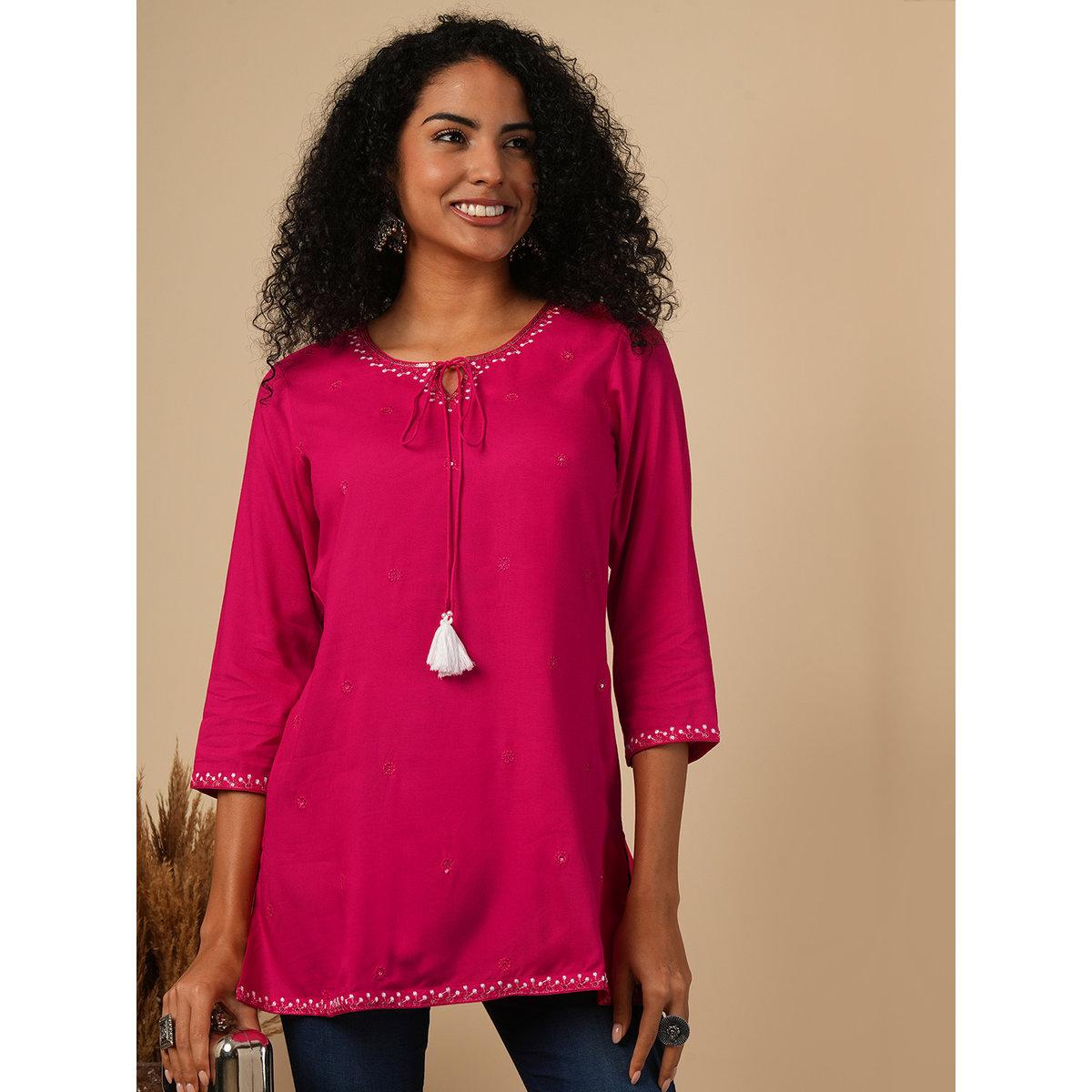 Globus X Styli Pink Embellished Tie -Up Workwear Tunic-women-clothing-shirtsandblouses-blouses-image-1