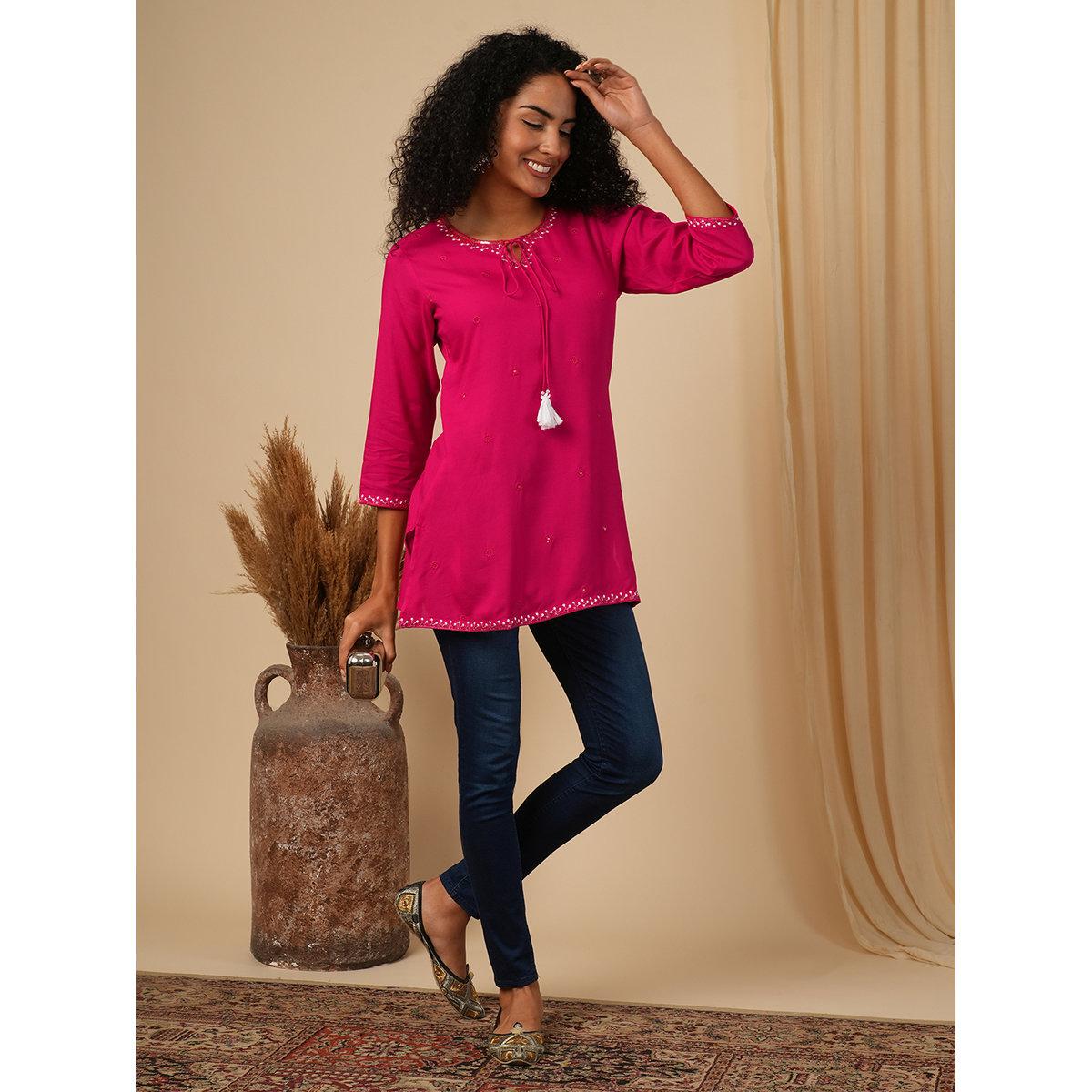 Globus X Styli Pink Embellished Tie -Up Workwear Tunic-women-clothing-shirtsandblouses-blouses-image-5
