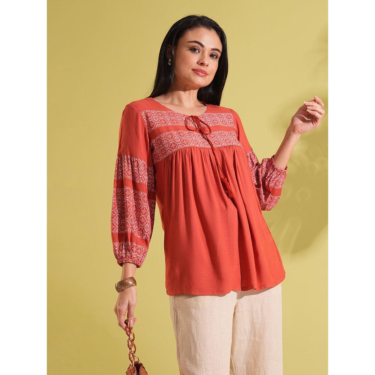 Globus X Styli Rust Tie-Up Ethnic Print Workwear Tunic-women-clothing-shirtsandblouses-blouses-image-1
