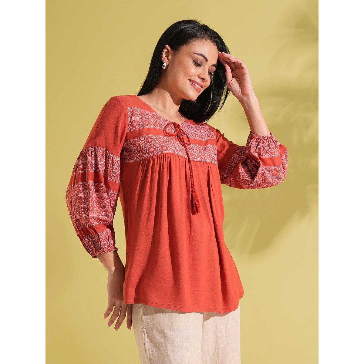 Globus X Styli Rust Tie-Up Ethnic Print Workwear Tunic-women-clothing-shirtsandblouses-blouses-image-2