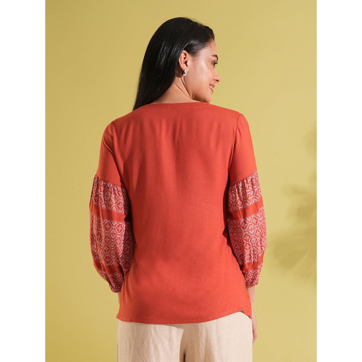 Globus X Styli Rust Tie-Up Ethnic Print Workwear Tunic-women-clothing-shirtsandblouses-blouses-image-3