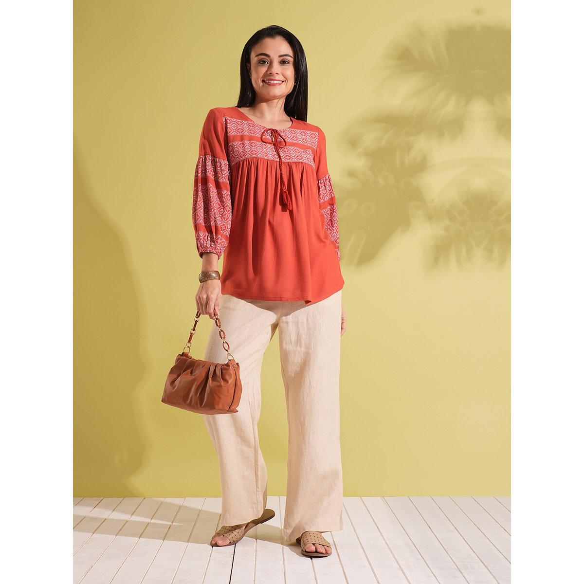 Globus X Styli Rust Tie-Up Ethnic Print Workwear Tunic-women-clothing-shirtsandblouses-blouses-image-5