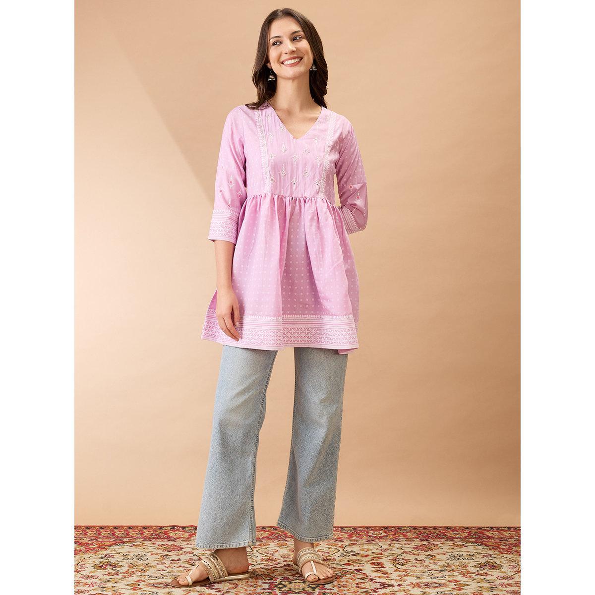Globus X Styli Pink Ethnic Print Sequined Detail Tunic-women-clothing-shirtsandblouses-blouses-image-1