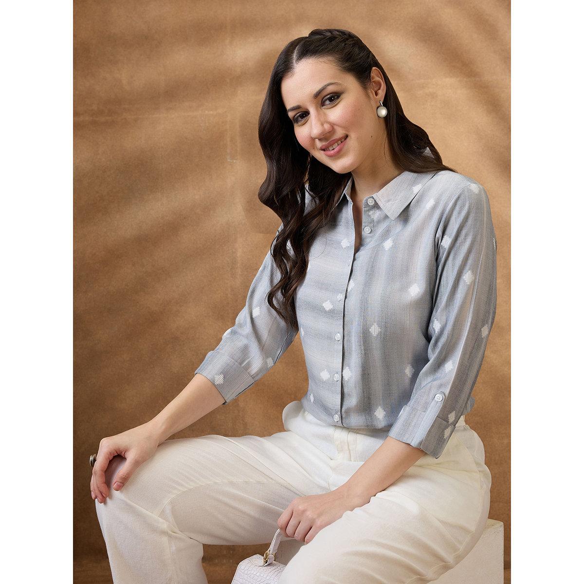 Globus X Styli Grey Roll-Up Sleeves Workwear Shirt Style Tunic-women-clothing-shirtsandblouses-shirts-image-1