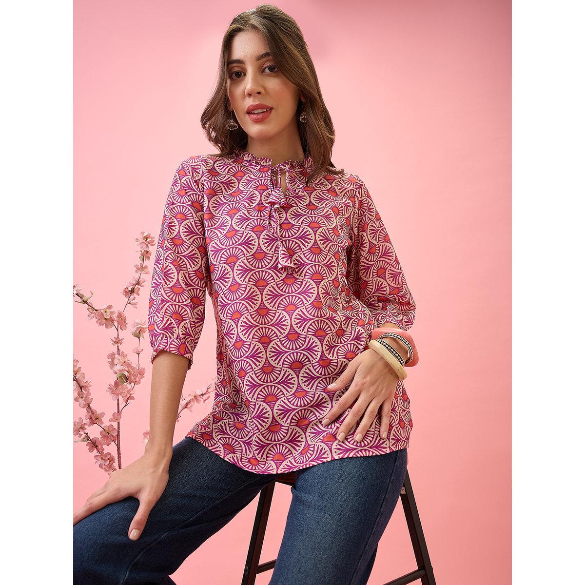 Globus X Styli Pink Tie-Up Neck Ethnic Print Workwear Tunic-women-clothing-shirtsandblouses-blouses-image-1