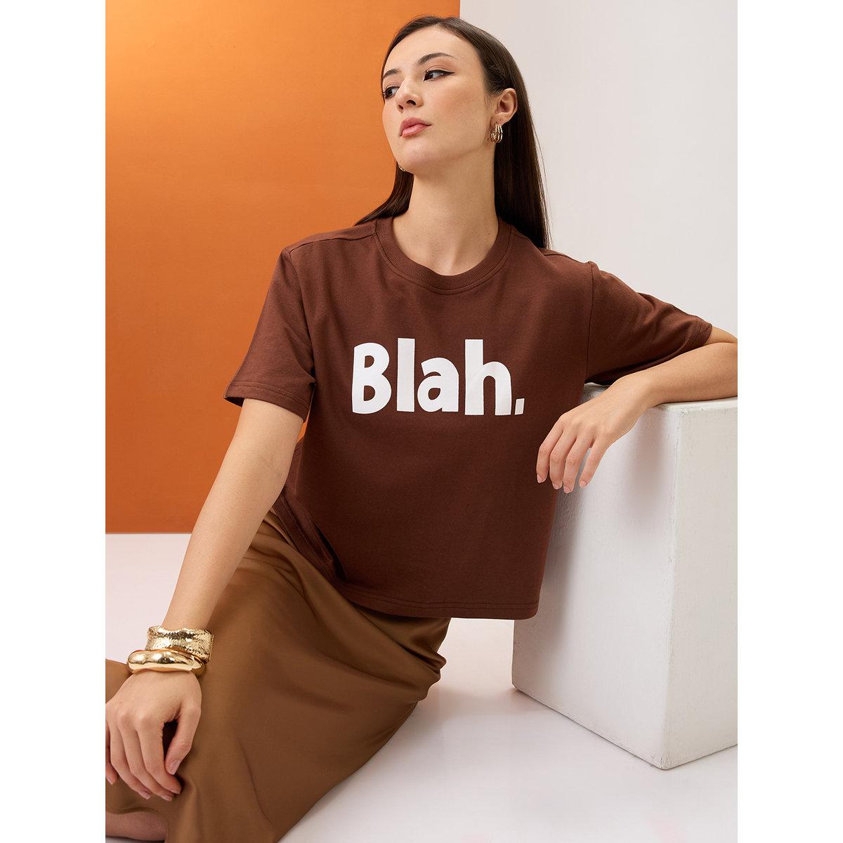 Globus X Styli Brown Slogan Print Boxy Crop T-Shirt-women-clothing-tshirts-image-1