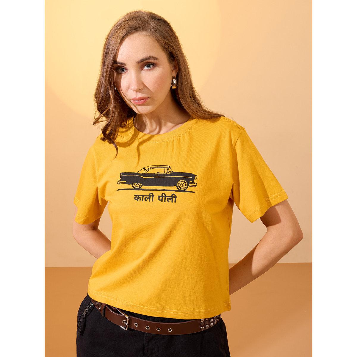 Globus X Styli Yellow Car Graphic Print Boxy Crop T-Shirt-women-clothing-tshirts-image-1