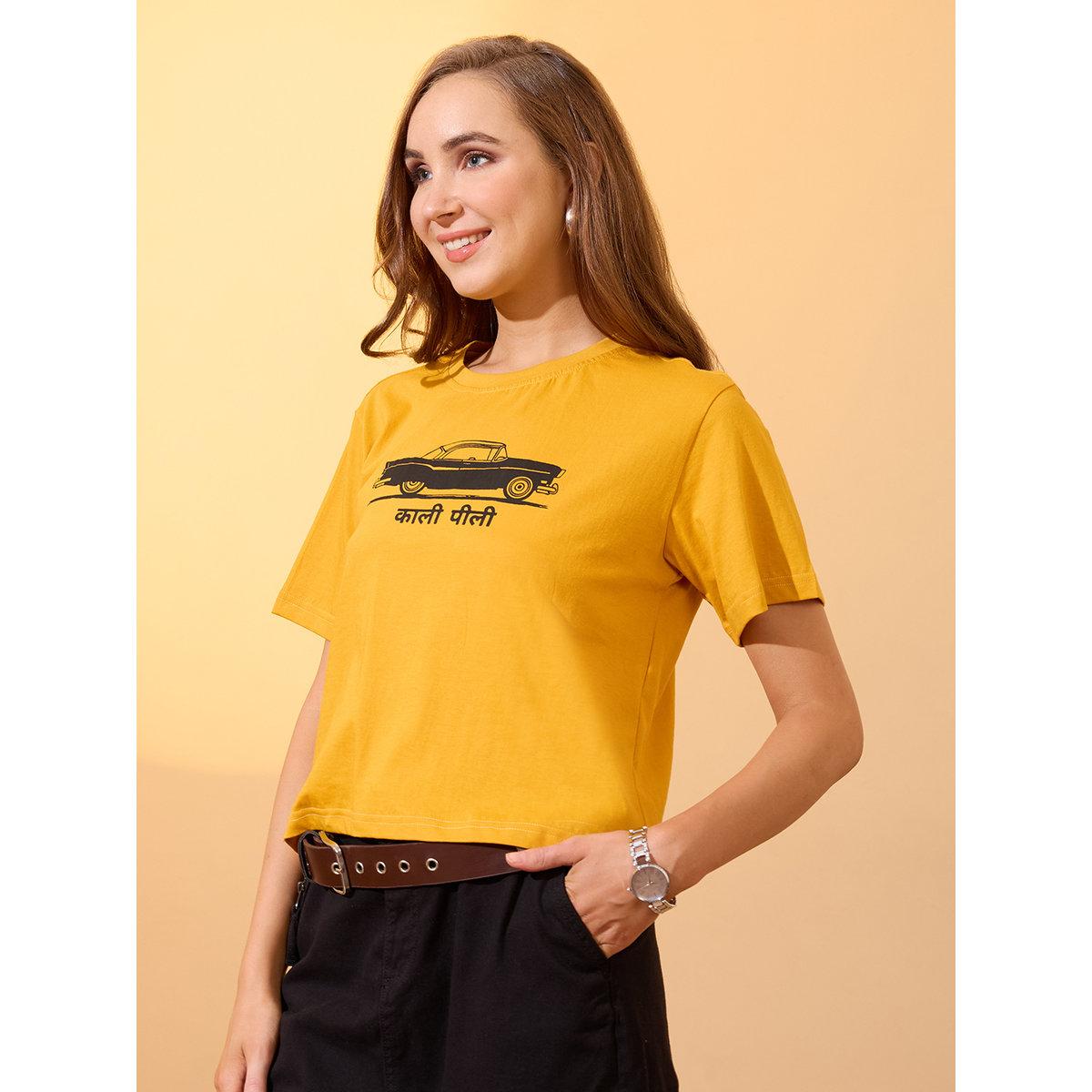 Globus X Styli Yellow Car Graphic Print Boxy Crop T-Shirt-women-clothing-tshirts-image-2