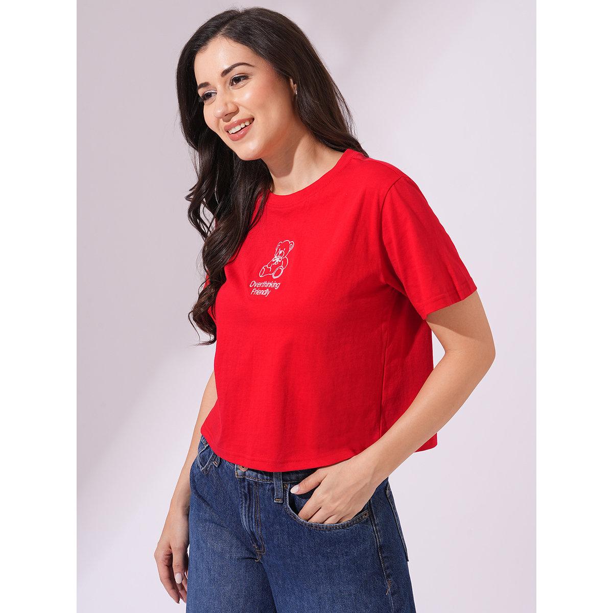 Globus X Styli Red Bear Embroidered Boxy Crop T-Shirt-women-clothing-tshirts-image-2