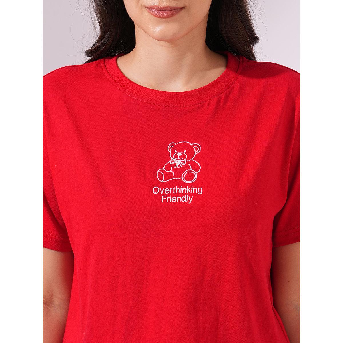 Globus X Styli Red Bear Embroidered Boxy Crop T-Shirt-women-clothing-tshirts-image-4