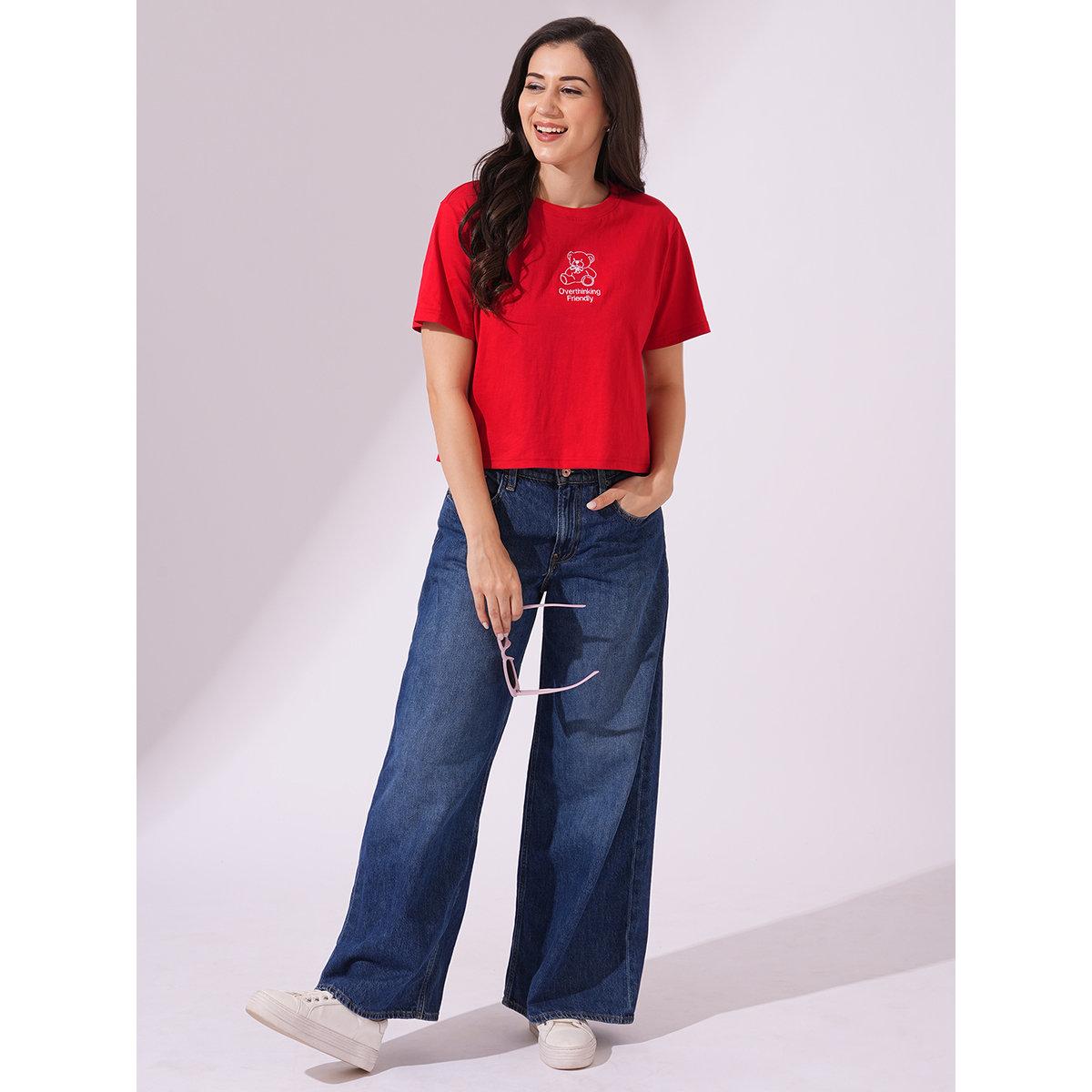 Globus X Styli Red Bear Embroidered Boxy Crop T-Shirt-women-clothing-tshirts-image-5