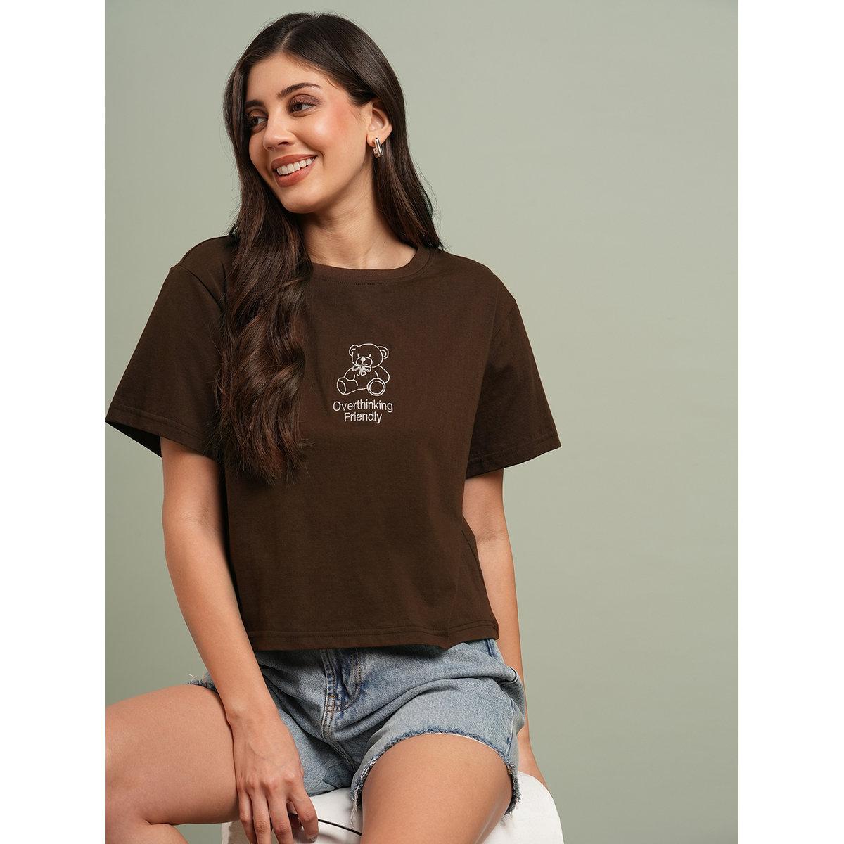 Globus X Styli Brown Bear Embroidered Boxy Crop T-Shirt-women-clothing-tshirts-image-1