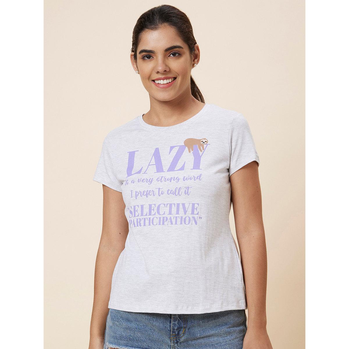 Globus X Styli Grey Regular Fit Printed Cotton T-Shirt-women-clothing-tshirts-image-2