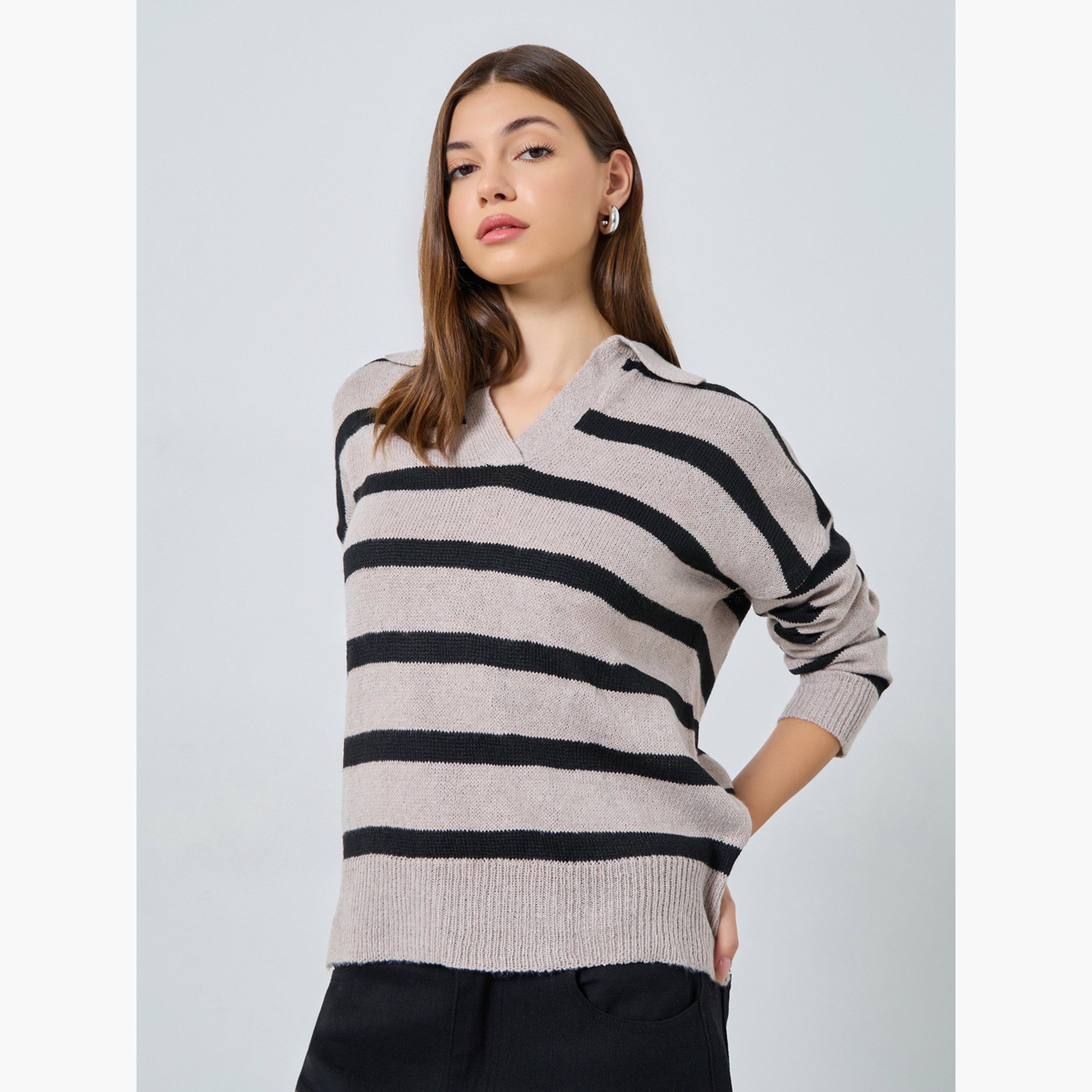 ستايلي - تي شيرت بولو مخطط باللون البيج للنساء-women-clothing-tshirts-image-1