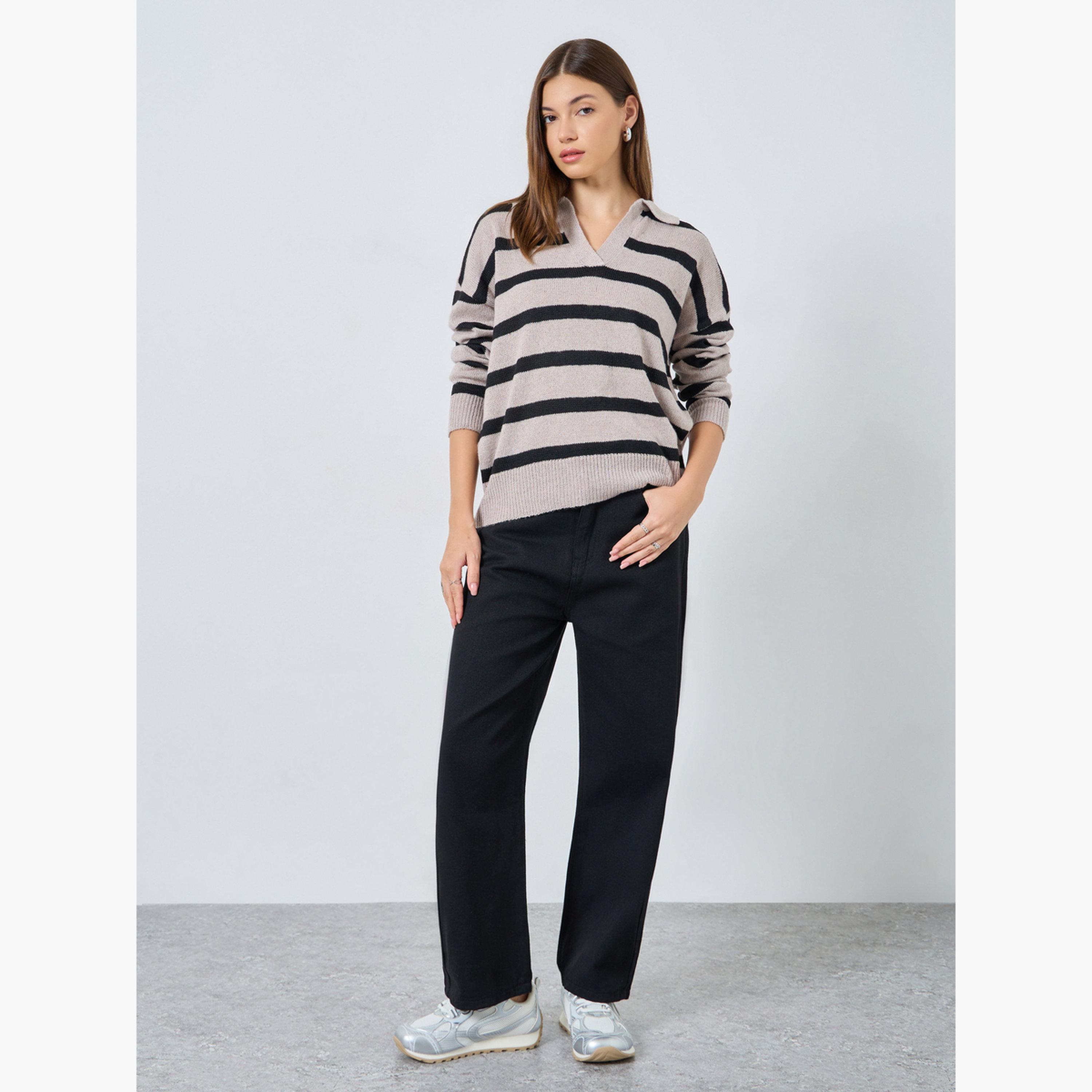 ستايلي - تي شيرت بولو مخطط باللون البيج للنساء-women-clothing-tshirts-image-2
