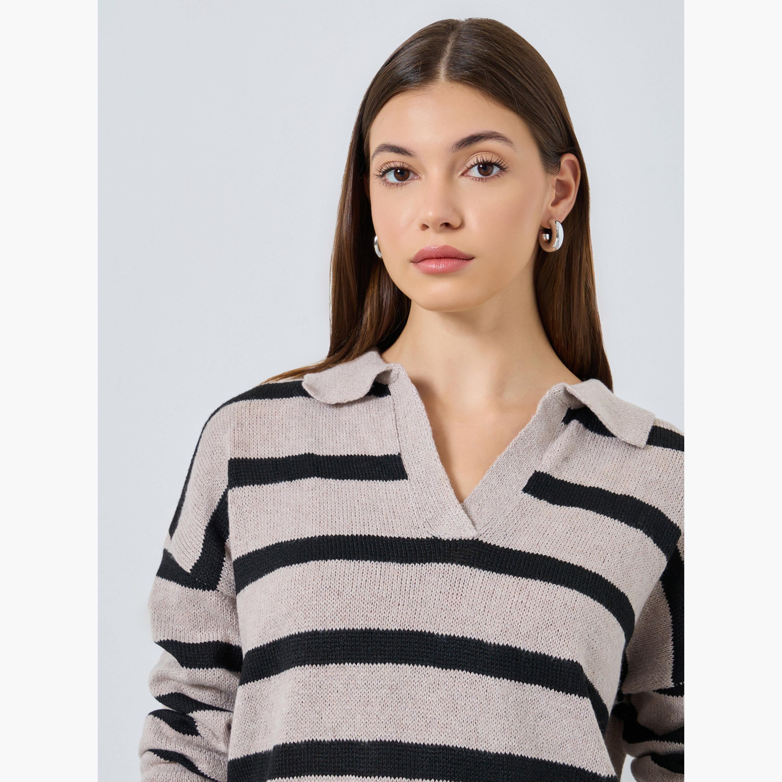 Styli Women Beige Striped Knit Polo T-Shirt-women-clothing-tshirts-image-3