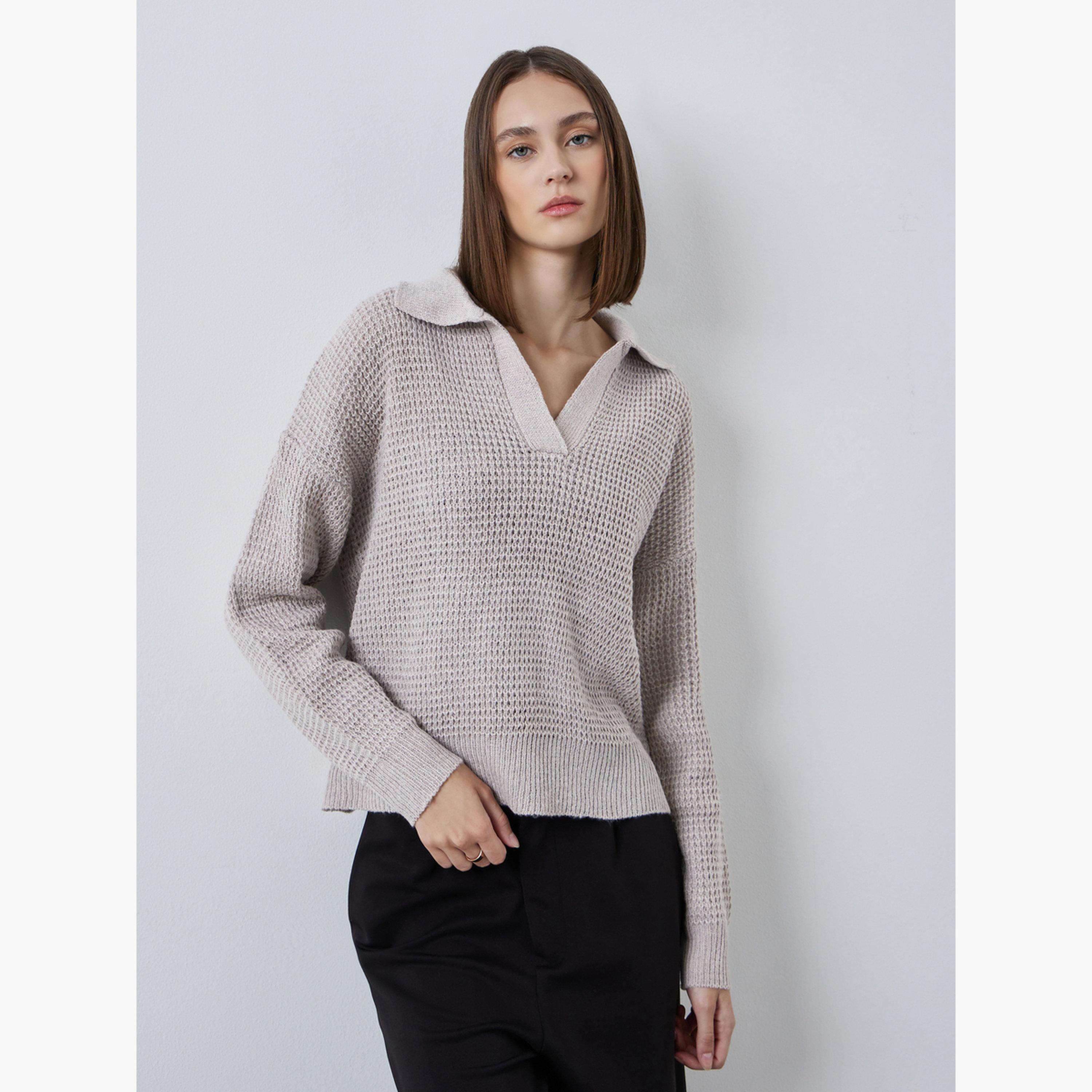 Styli Women Beige Textured Knit Open Collar Polo T-Shirt-women-clothing-tshirts-image-1