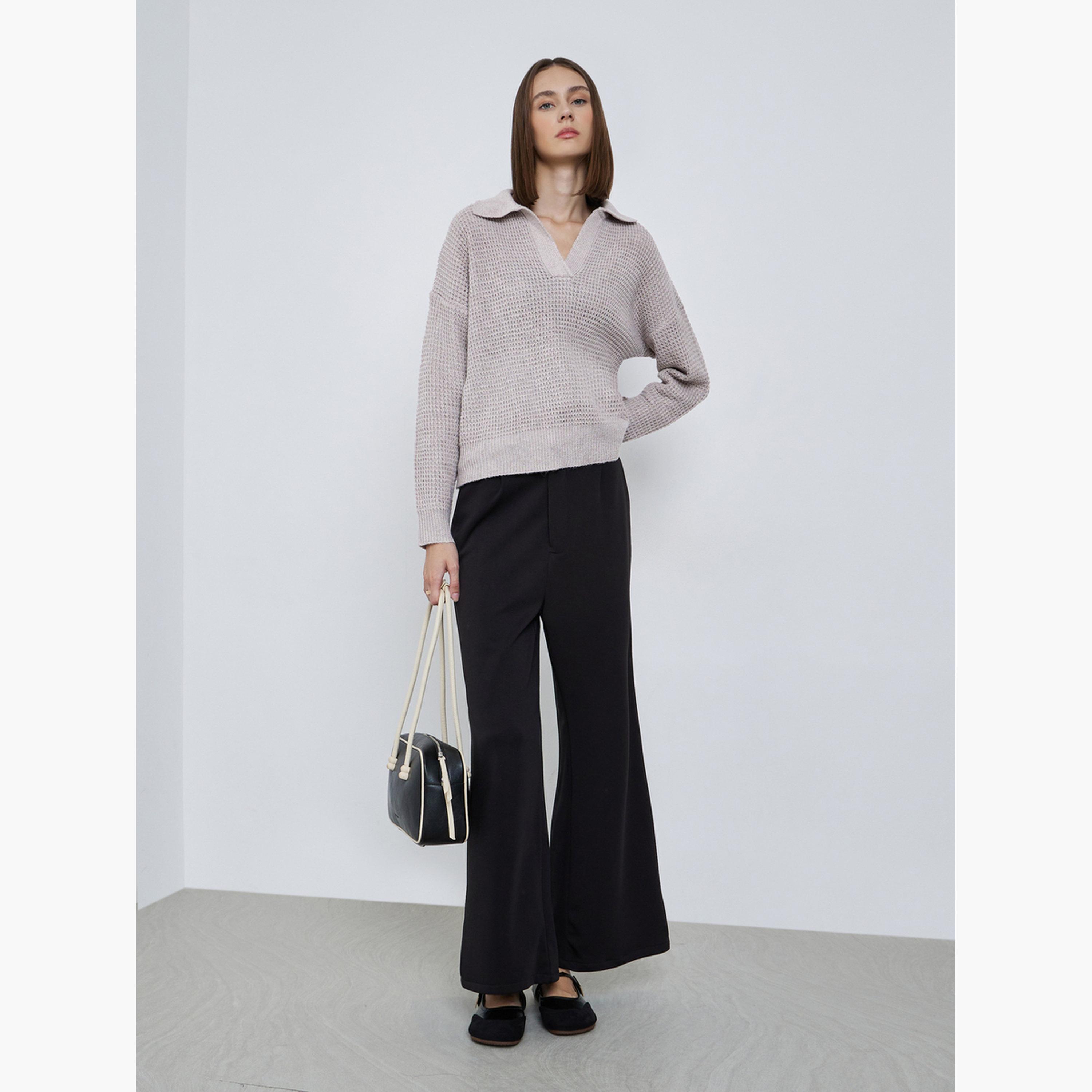 Styli Women Beige Textured Knit Open Collar Polo T-Shirt-women-clothing-tshirts-image-2