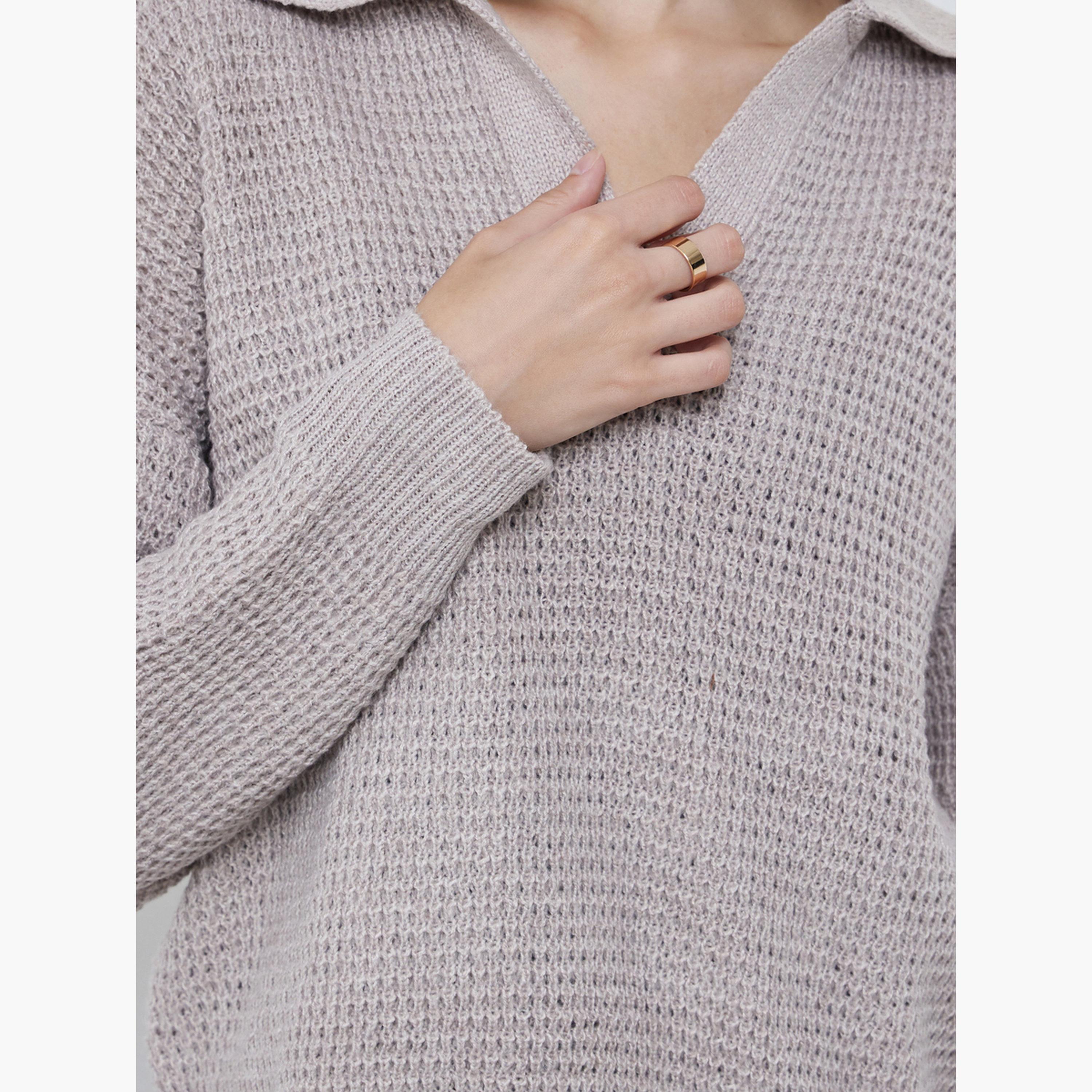 Styli Women Beige Textured Knit Open Collar Polo T-Shirt-women-clothing-tshirts-image-3