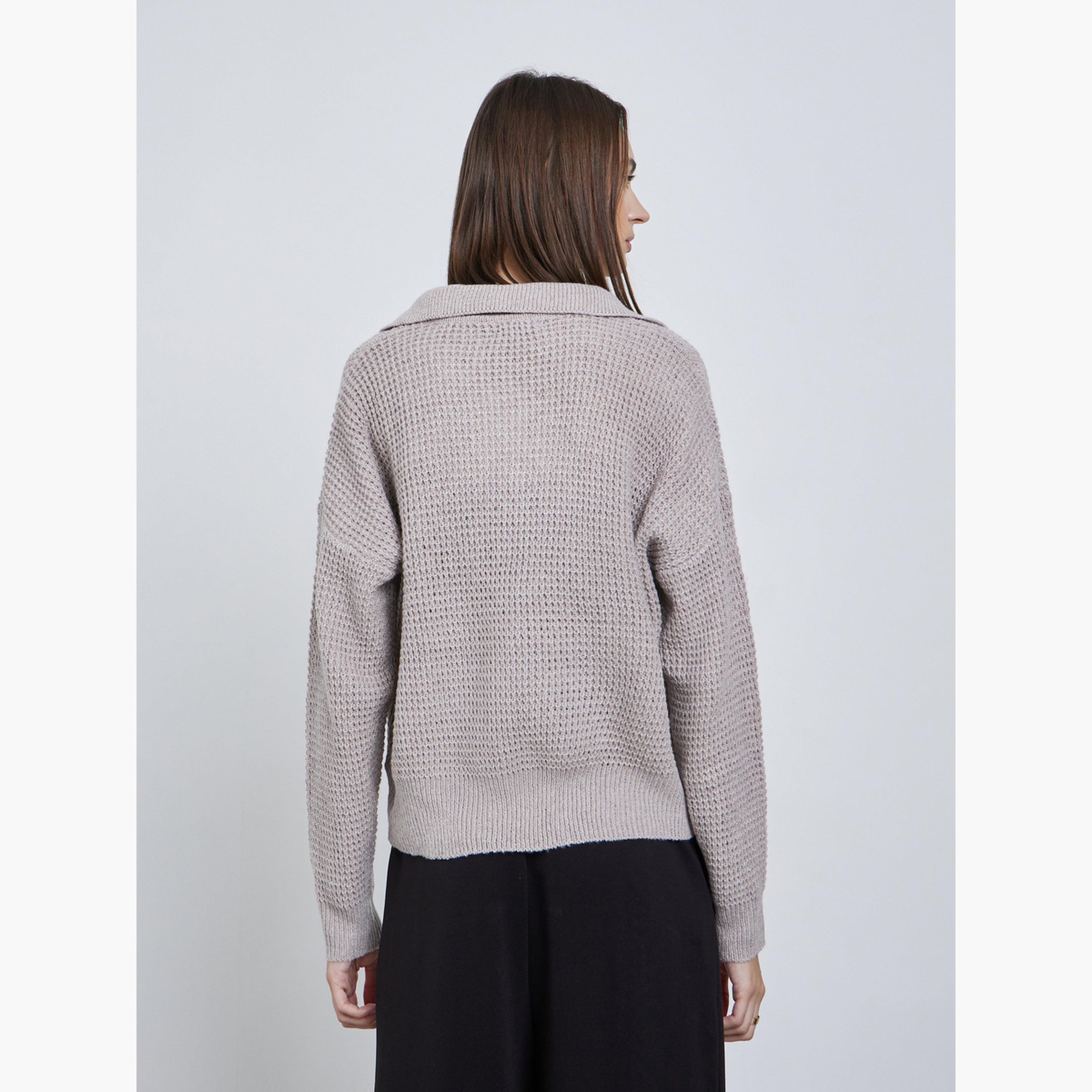 Styli Women Beige Textured Knit Open Collar Polo T-Shirt-women-clothing-tshirts-image-4