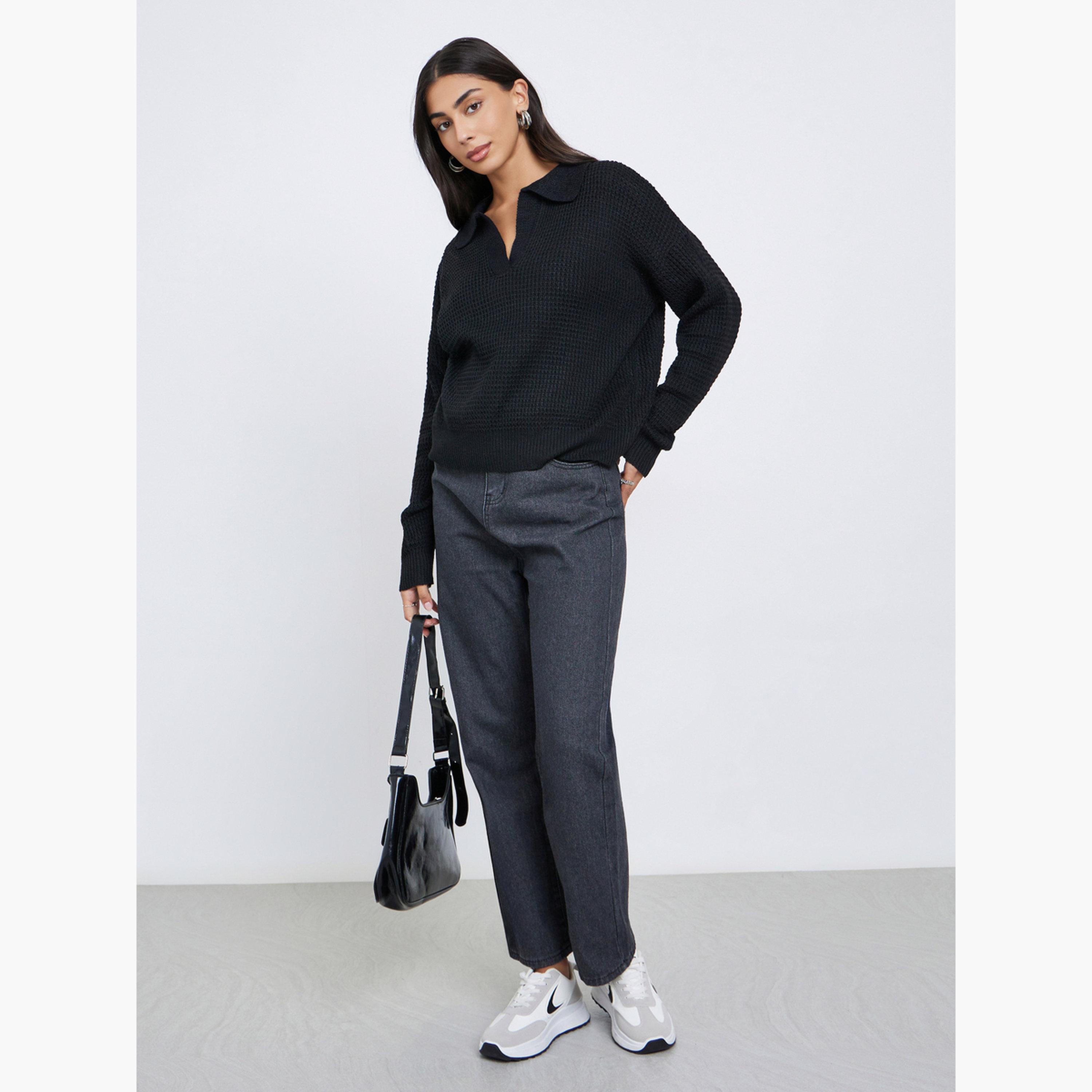 Styli Women Black Textured Knit Open Collar Polo T-Shirt-women-clothing-tshirts-image-2