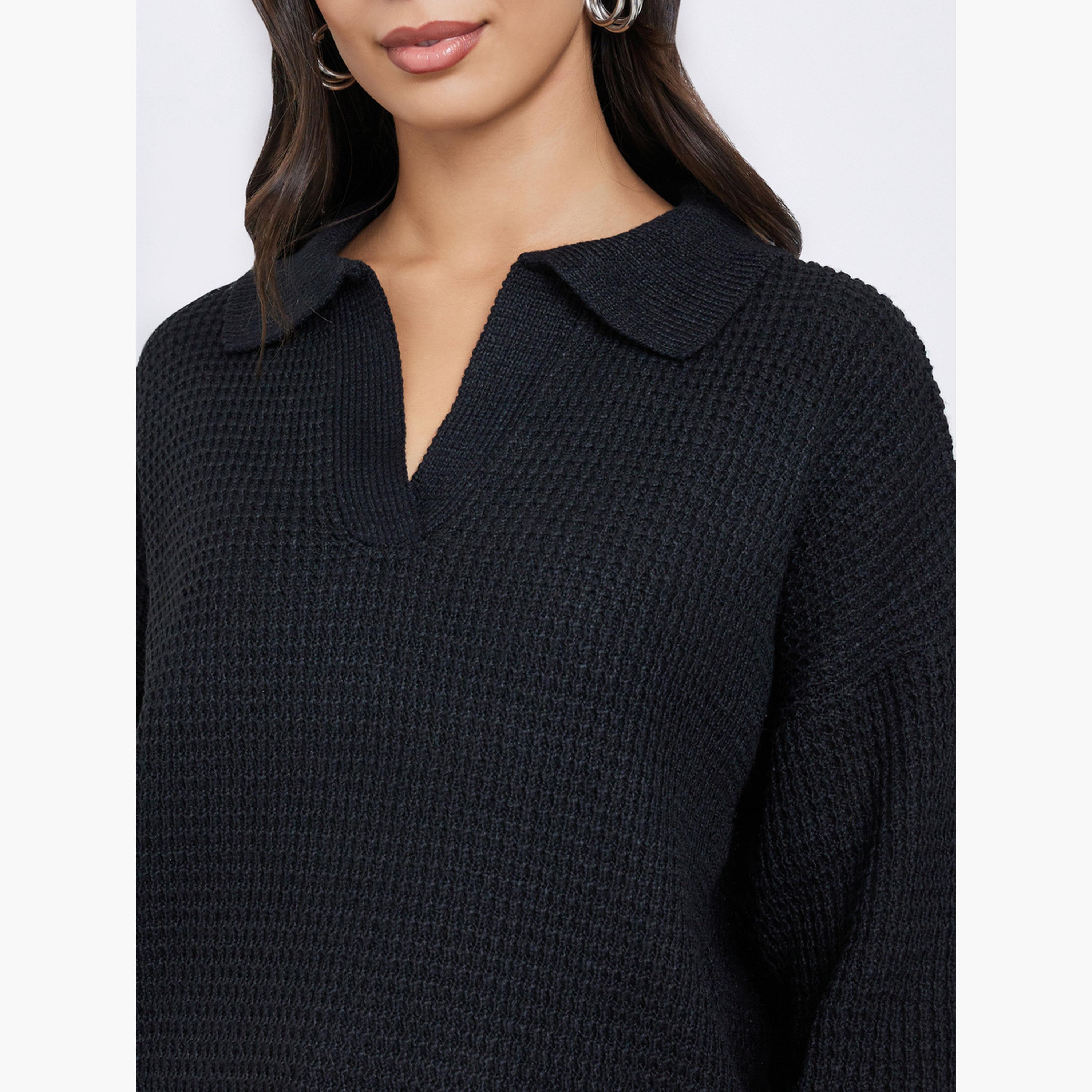 Styli Women Black Textured Knit Open Collar Polo T-Shirt-women-clothing-tshirts-image-4