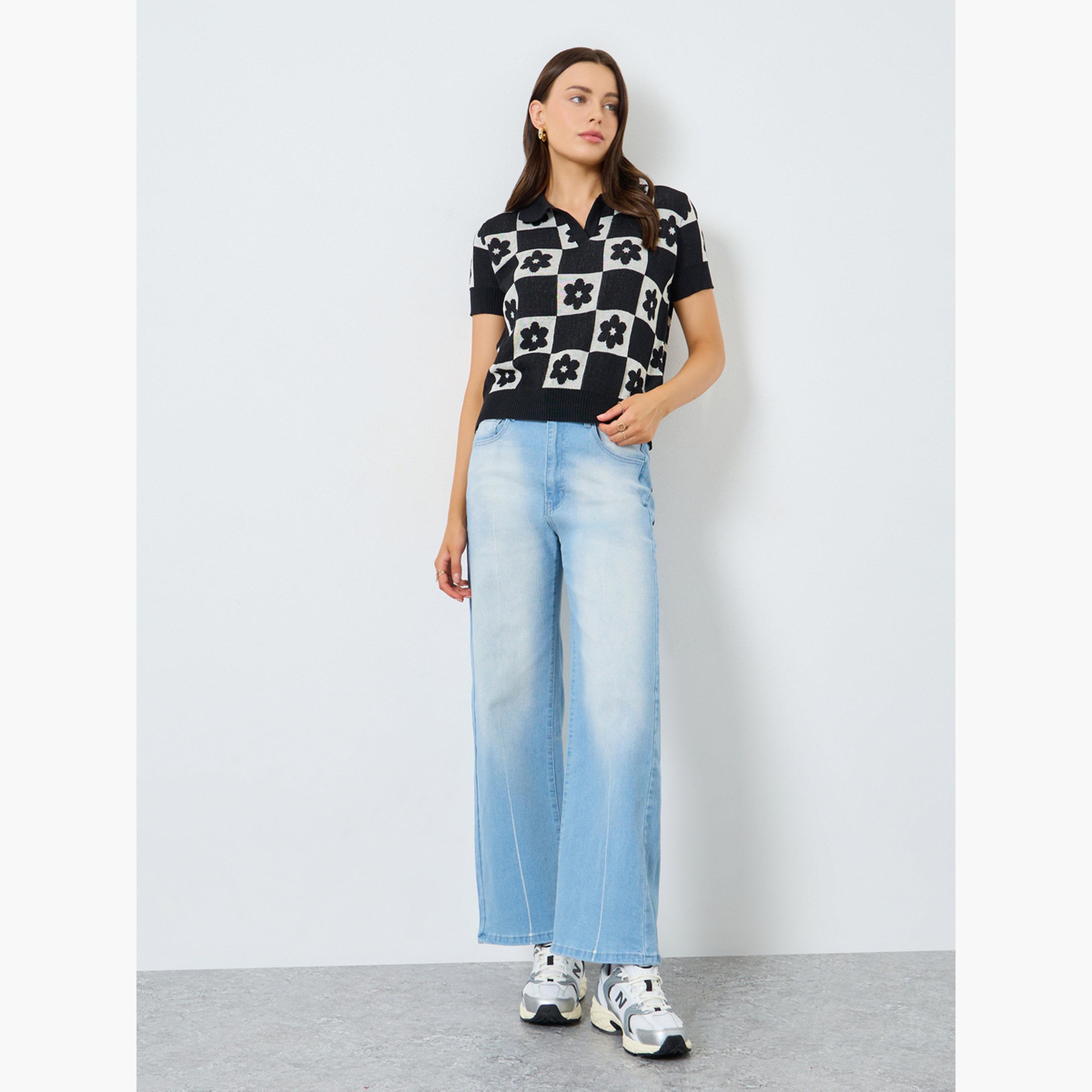 Styli Black Floral Knit Relaxed Fit Polo T-Shirt-women-clothing-tshirts-image-2