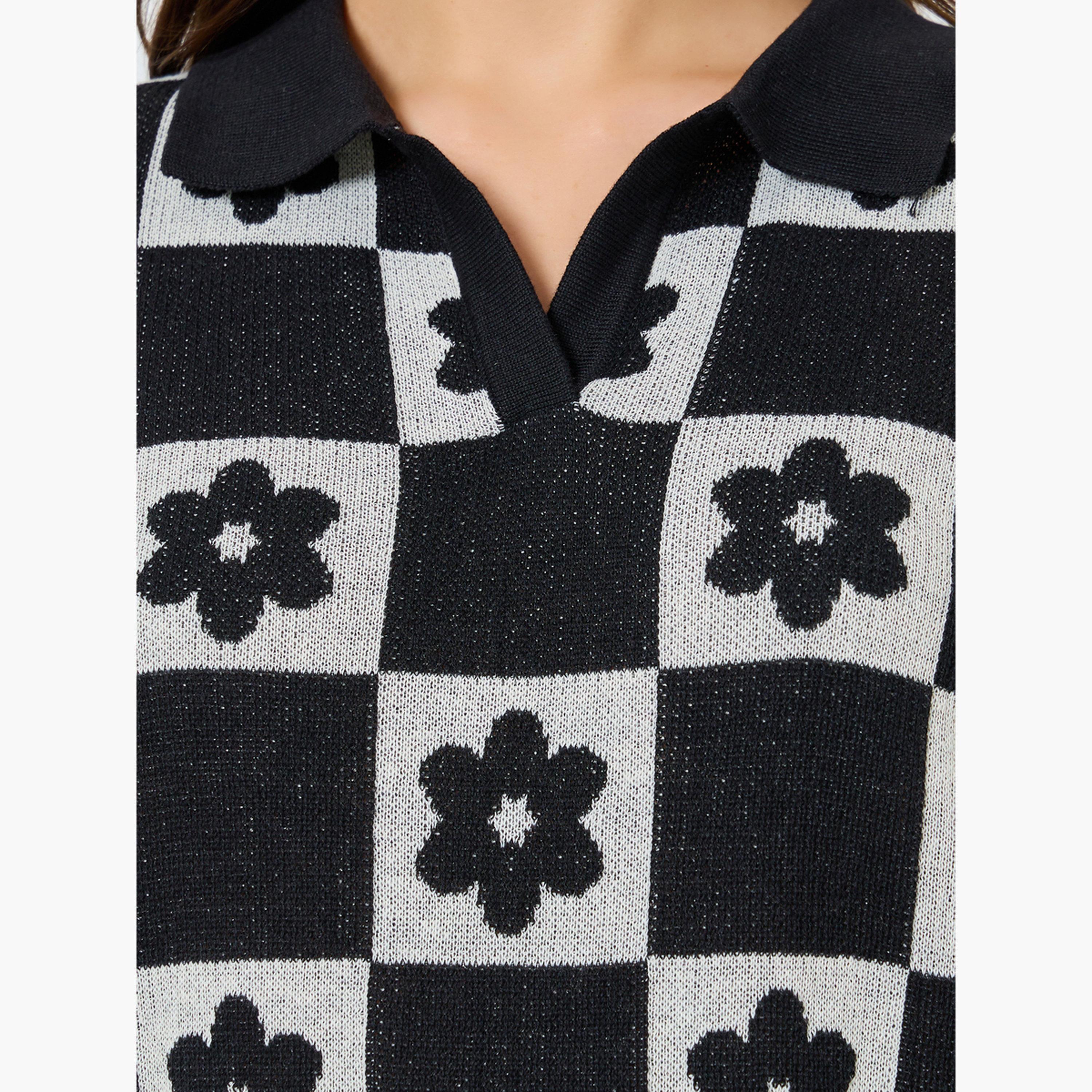 Styli Black Floral Knit Relaxed Fit Polo T-Shirt-women-clothing-tshirts-image-4