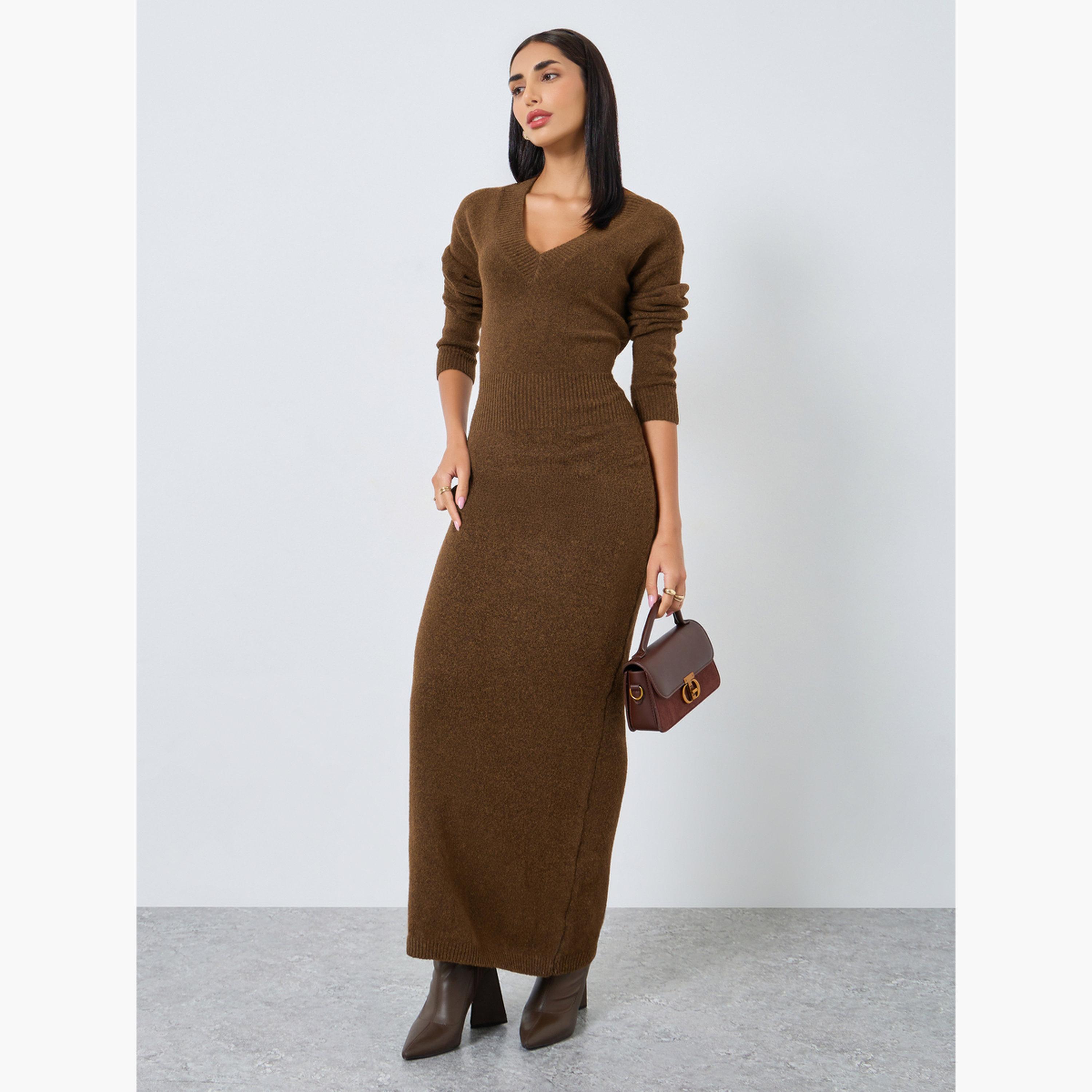 Styli Women Brown Knit Long Sleeves Maxi Dress-women-clothing-dresses-image-1