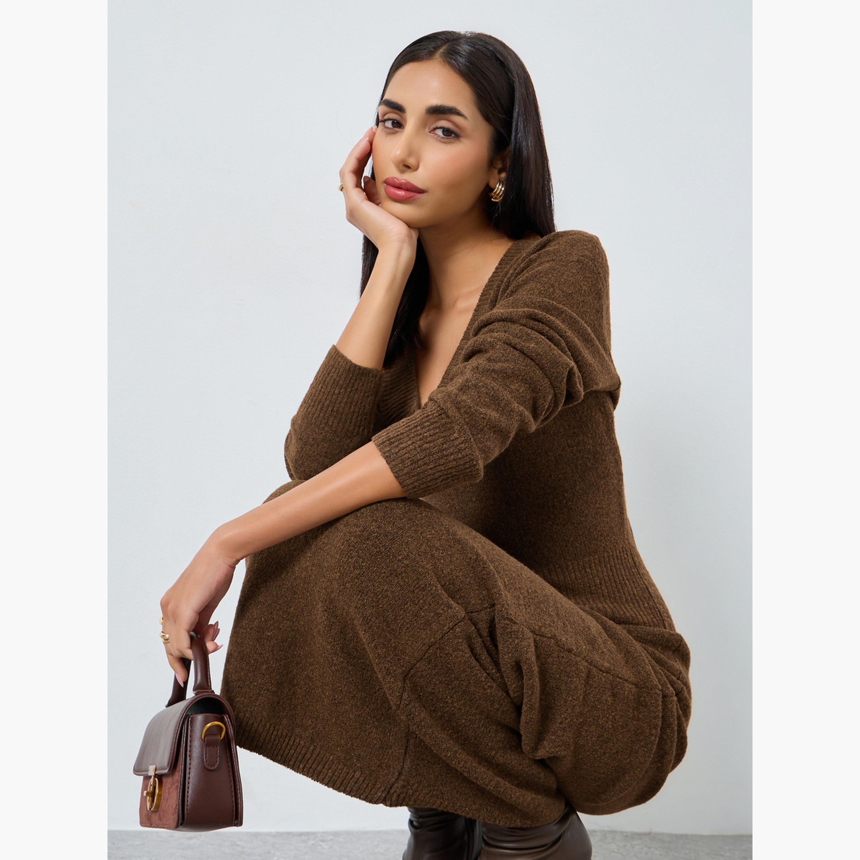Styli Women Brown Knit Long Sleeves Maxi Dress-women-clothing-dresses-image-2
