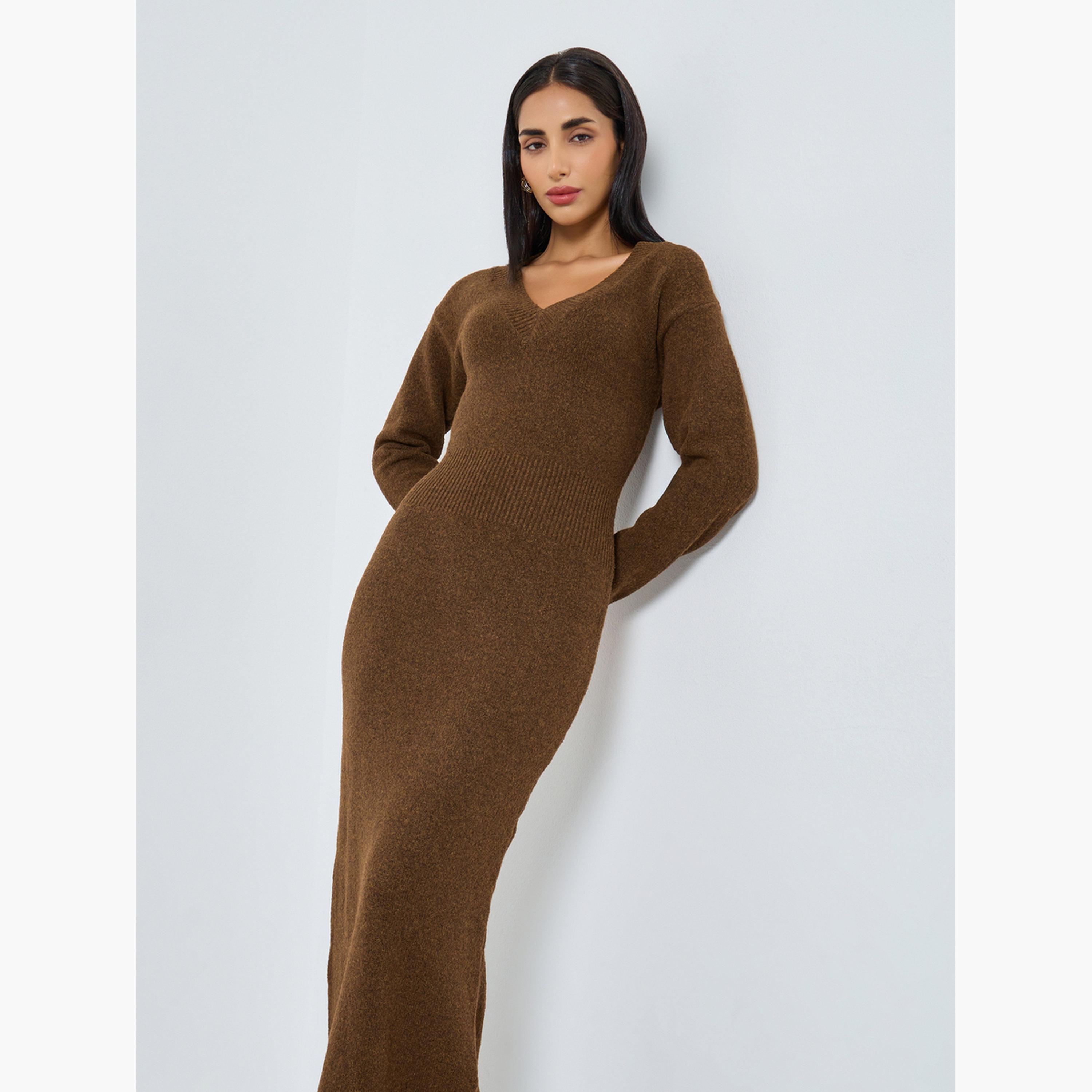 ستايلي - فستان ماكسي بني محبوك بأكمام طويلة للنساء-women-clothing-dresses-image-3