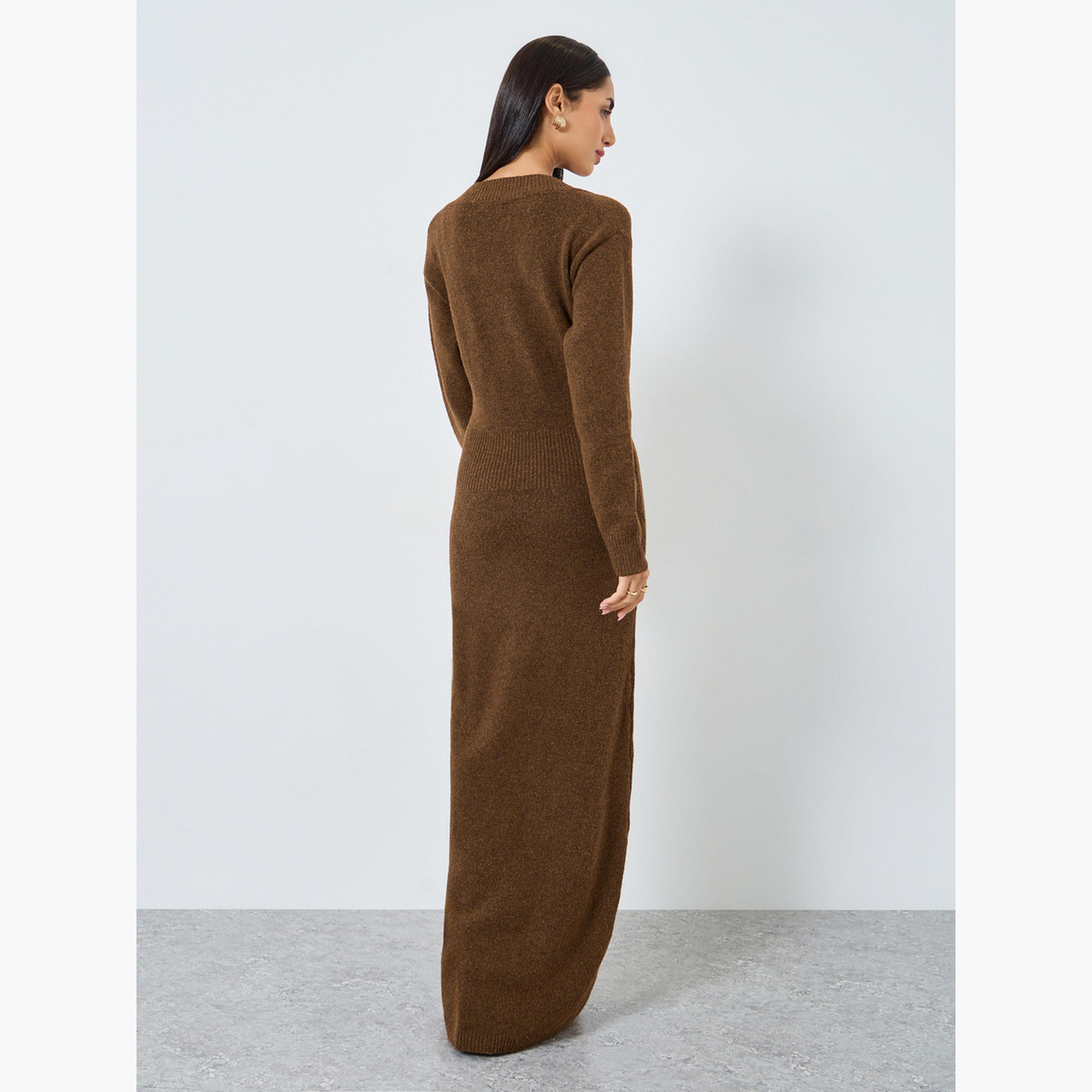 ستايلي - فستان ماكسي بني محبوك بأكمام طويلة للنساء-women-clothing-dresses-image-4
