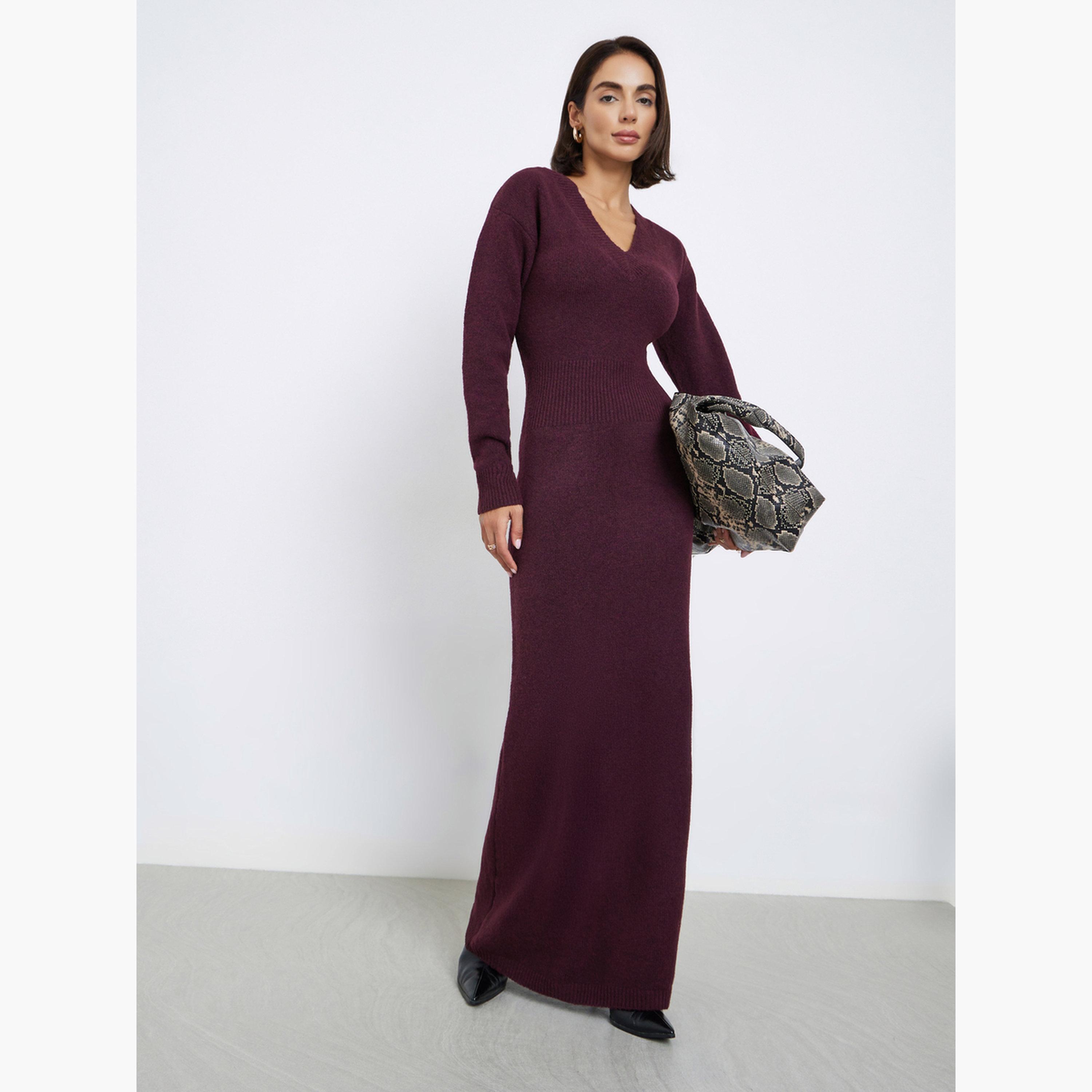 ستايلي - فستان ماكسي بأكمام طويلة باللون البرغندي للنساء-women-clothing-dresses-image-1