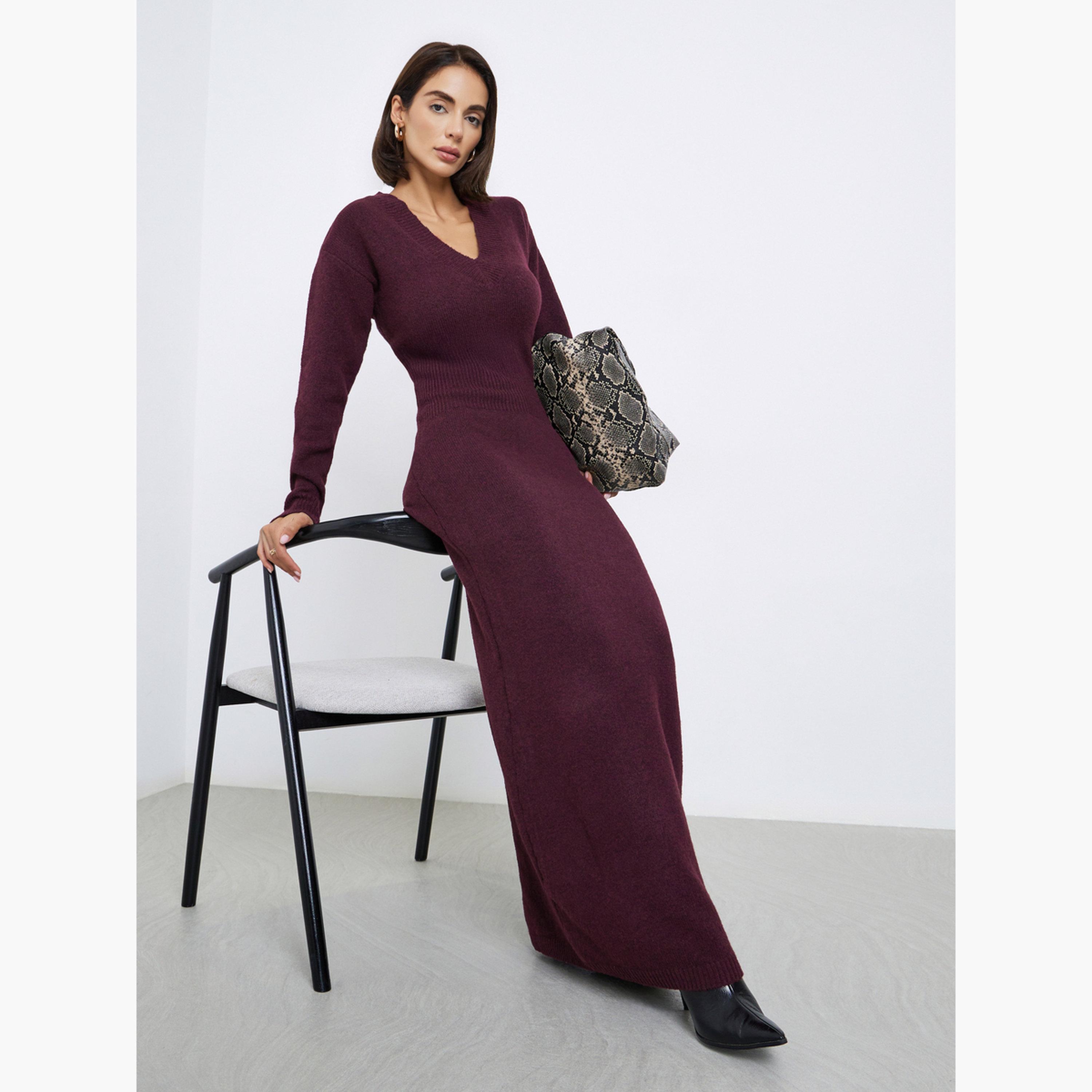 ستايلي - فستان ماكسي بأكمام طويلة باللون البرغندي للنساء-women-clothing-dresses-image-2