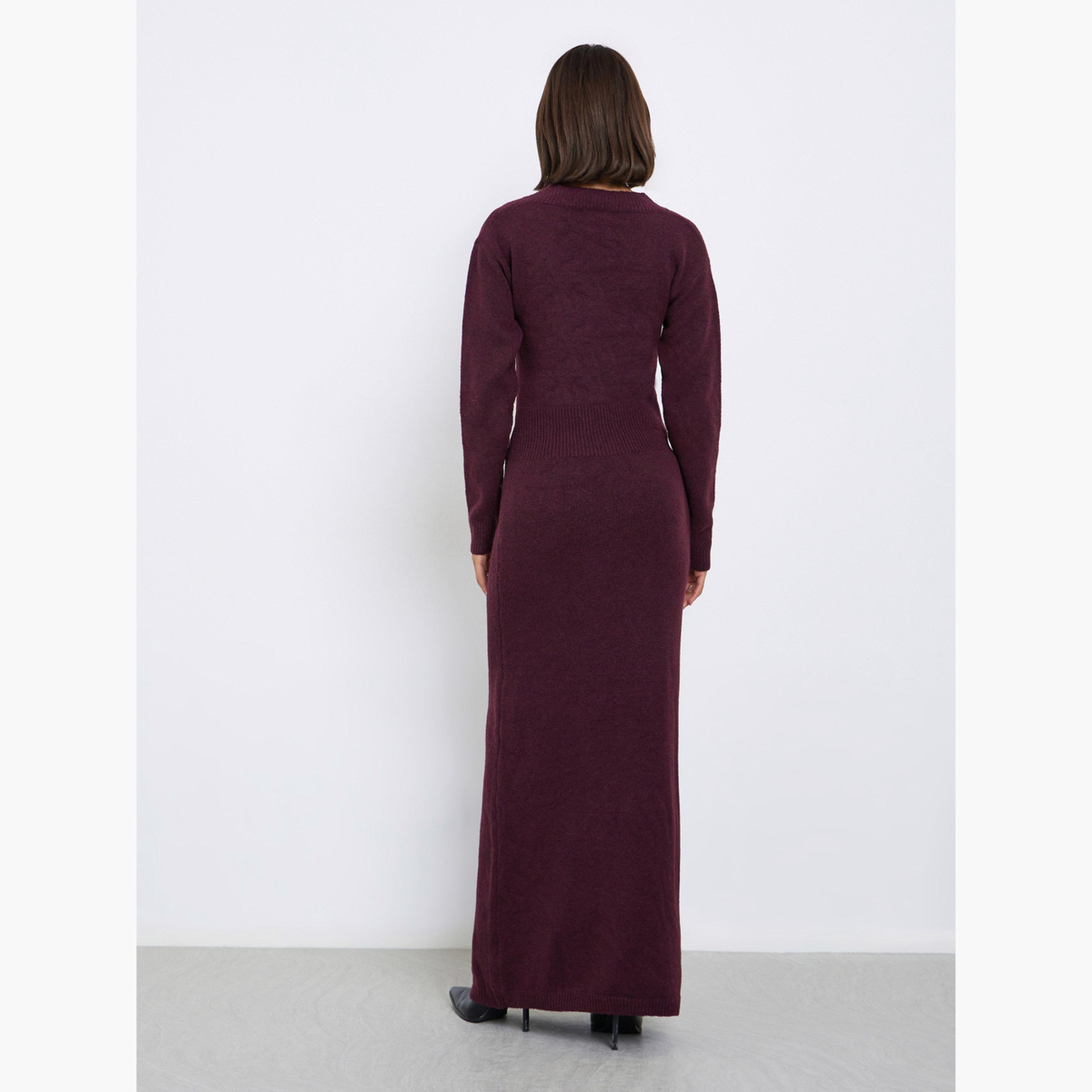 ستايلي - فستان ماكسي بأكمام طويلة باللون البرغندي للنساء-women-clothing-dresses-image-4