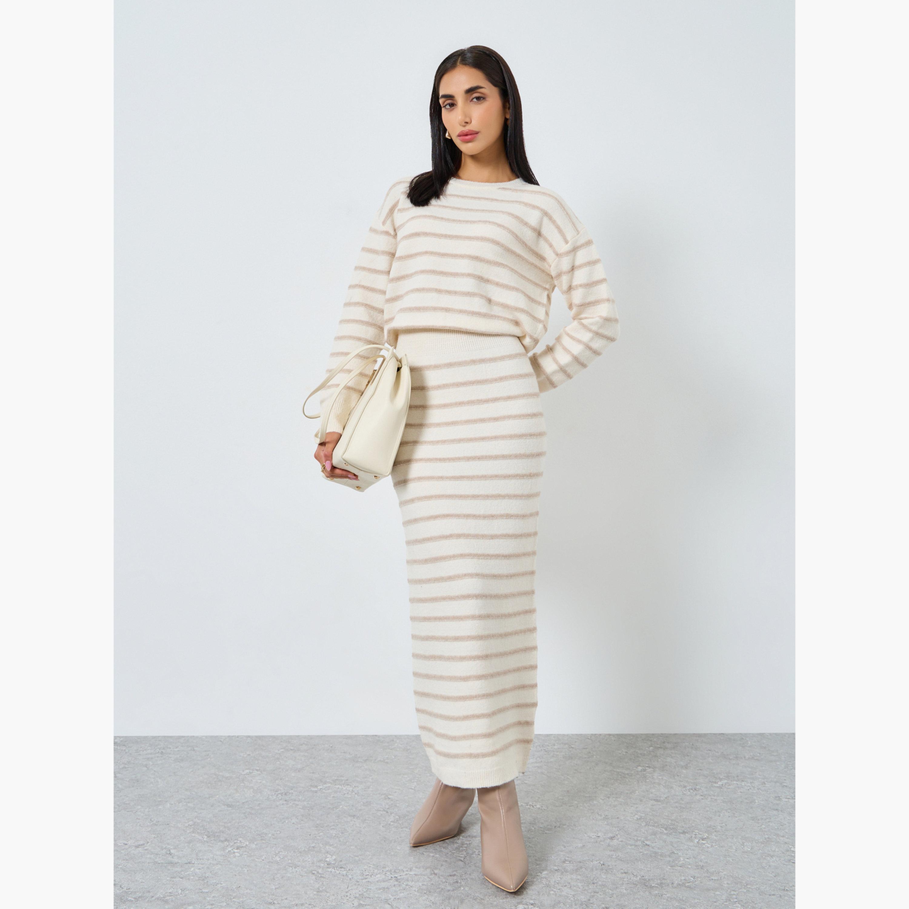 ستايلي - فستان ماكسي مخطط مضلع باللون البيج للنساء-women-clothing-dresses-image-1