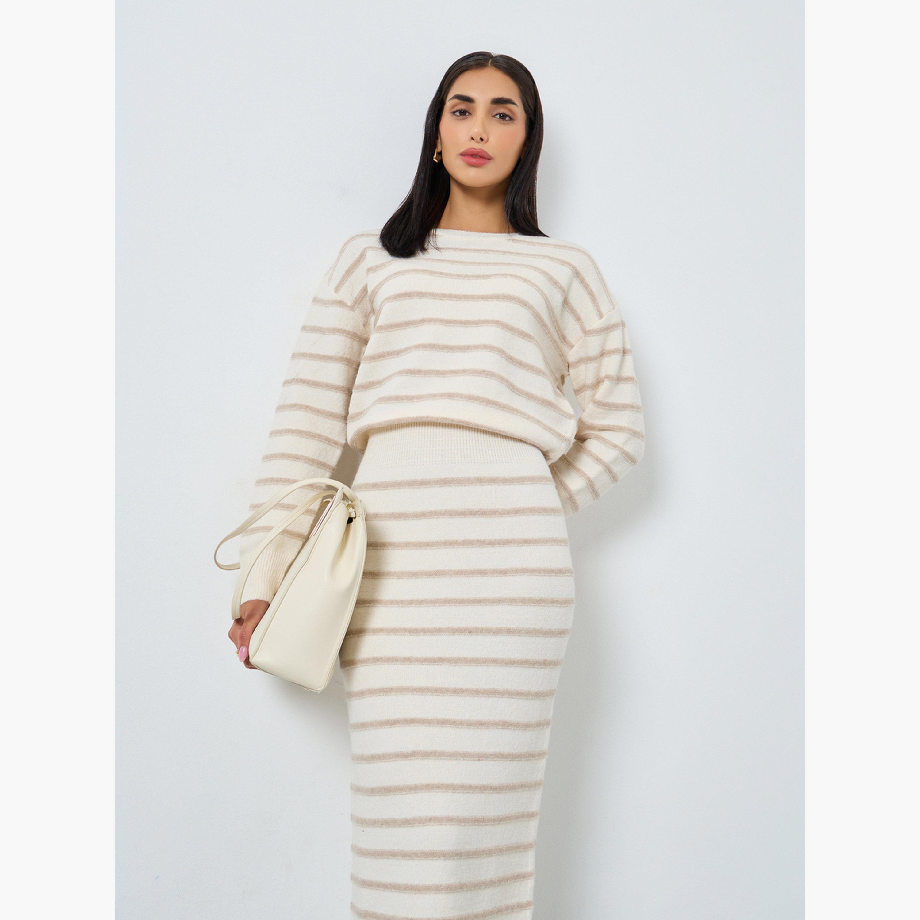 ستايلي - فستان ماكسي مخطط مضلع باللون البيج للنساء-women-clothing-dresses-image-2