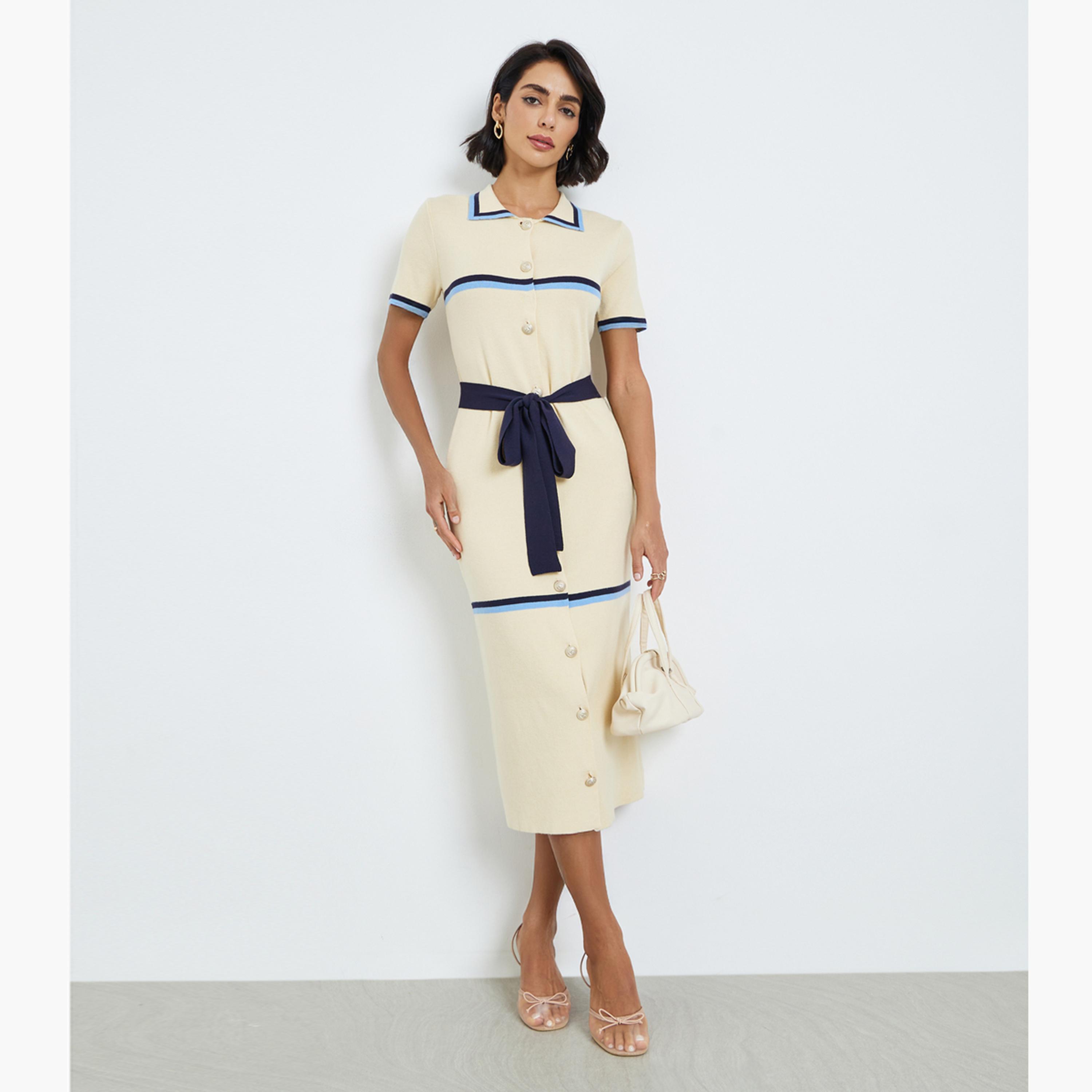 فستان ميدي نسائي محبوك بحواف متباينة-women-clothing-dresses-image-1