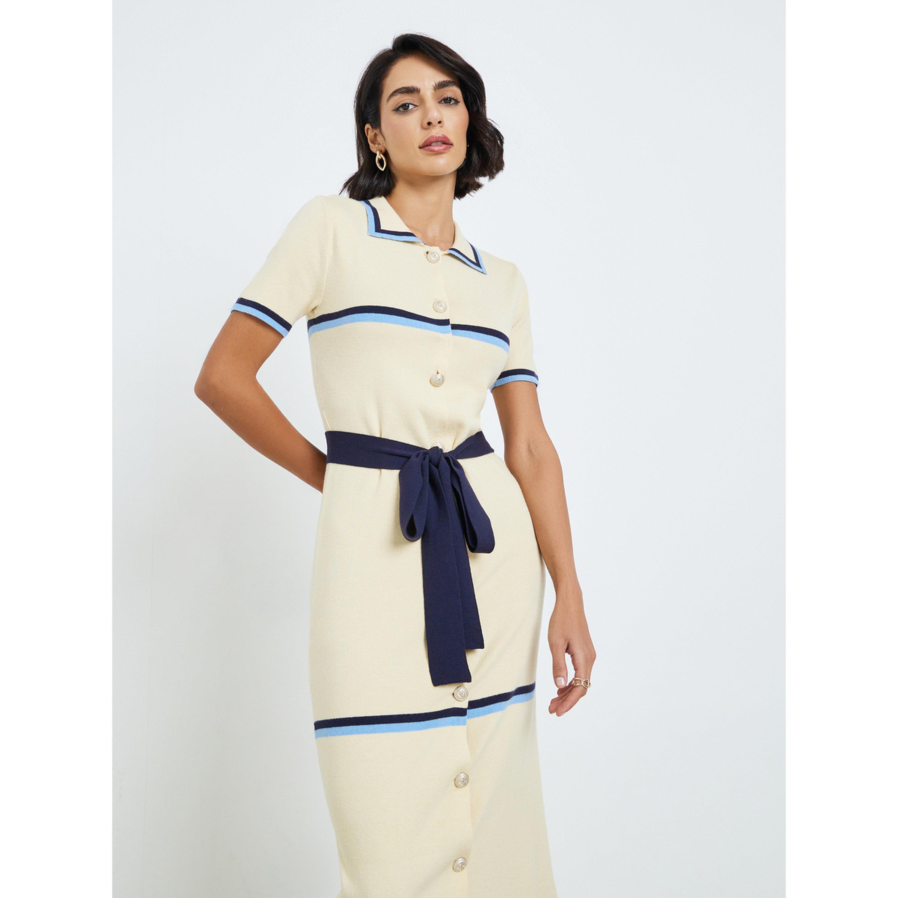 فستان ميدي نسائي محبوك بحواف متباينة-women-clothing-dresses-image-2