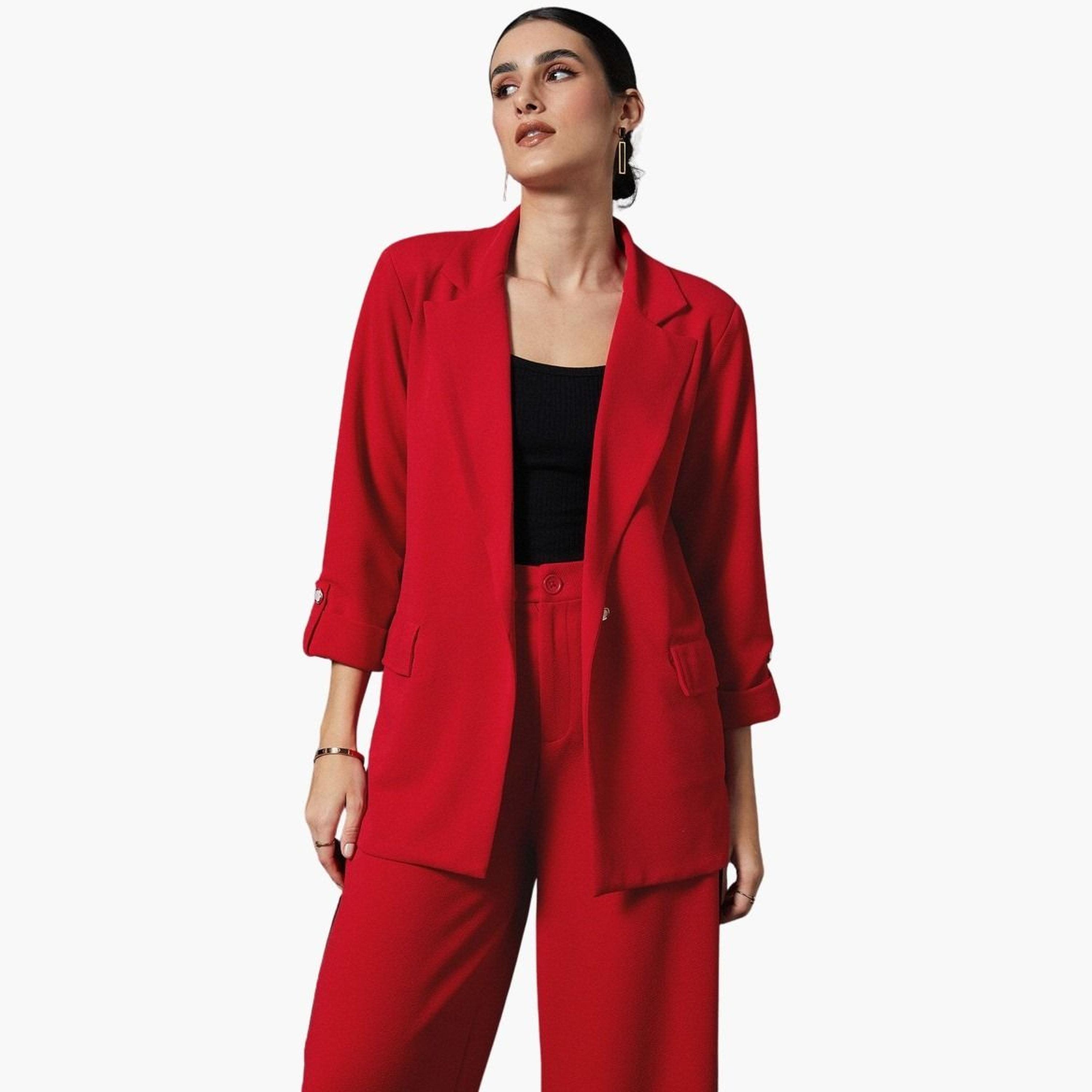 ساسافراس - سترة حمراء سادة ذات ياقة مدببة وصدر واحد للنساء -women-clothing-coatsandjackets-blazers-image-1
