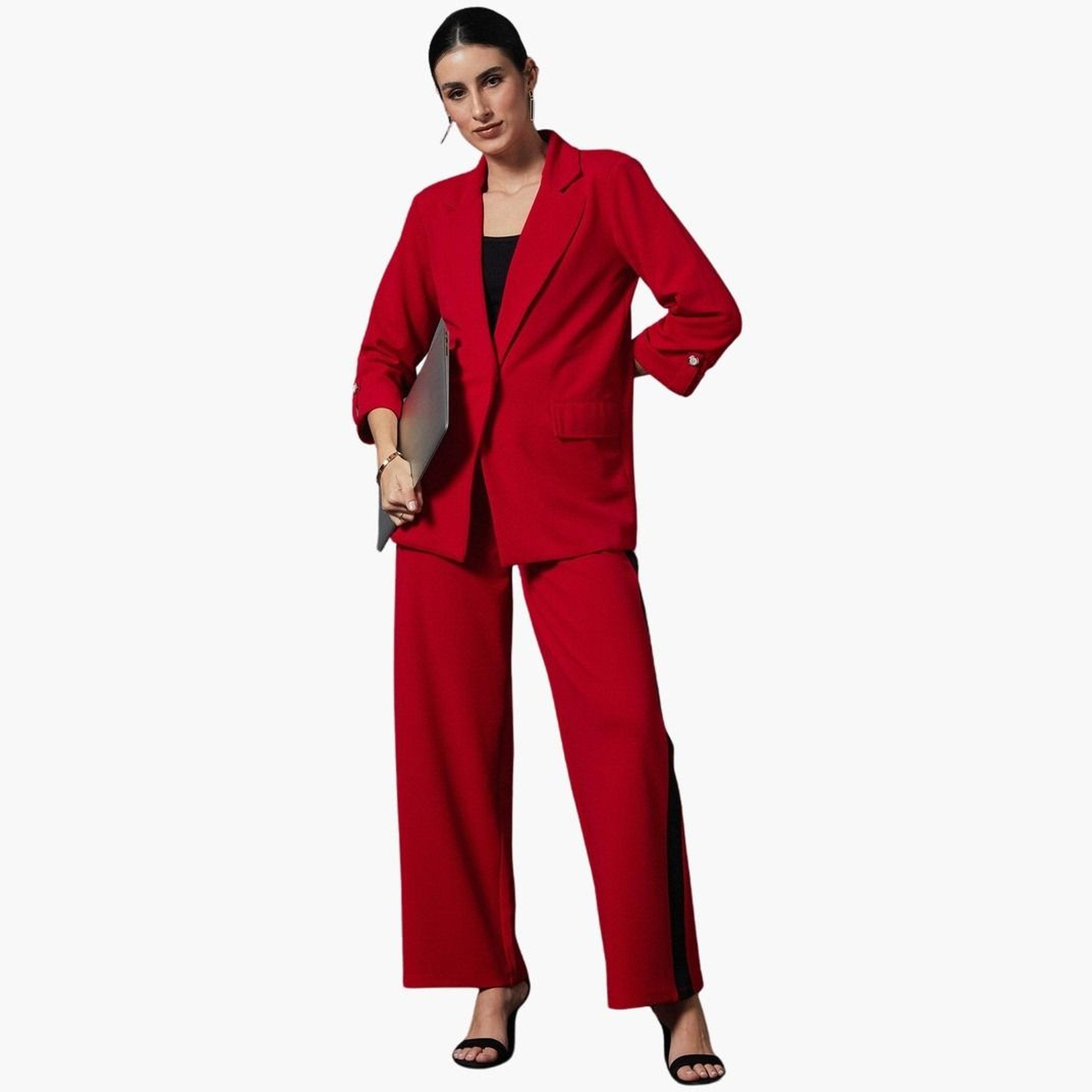 ساسافراس - سترة حمراء سادة ذات ياقة مدببة وصدر واحد للنساء -women-clothing-coatsandjackets-blazers-image-2