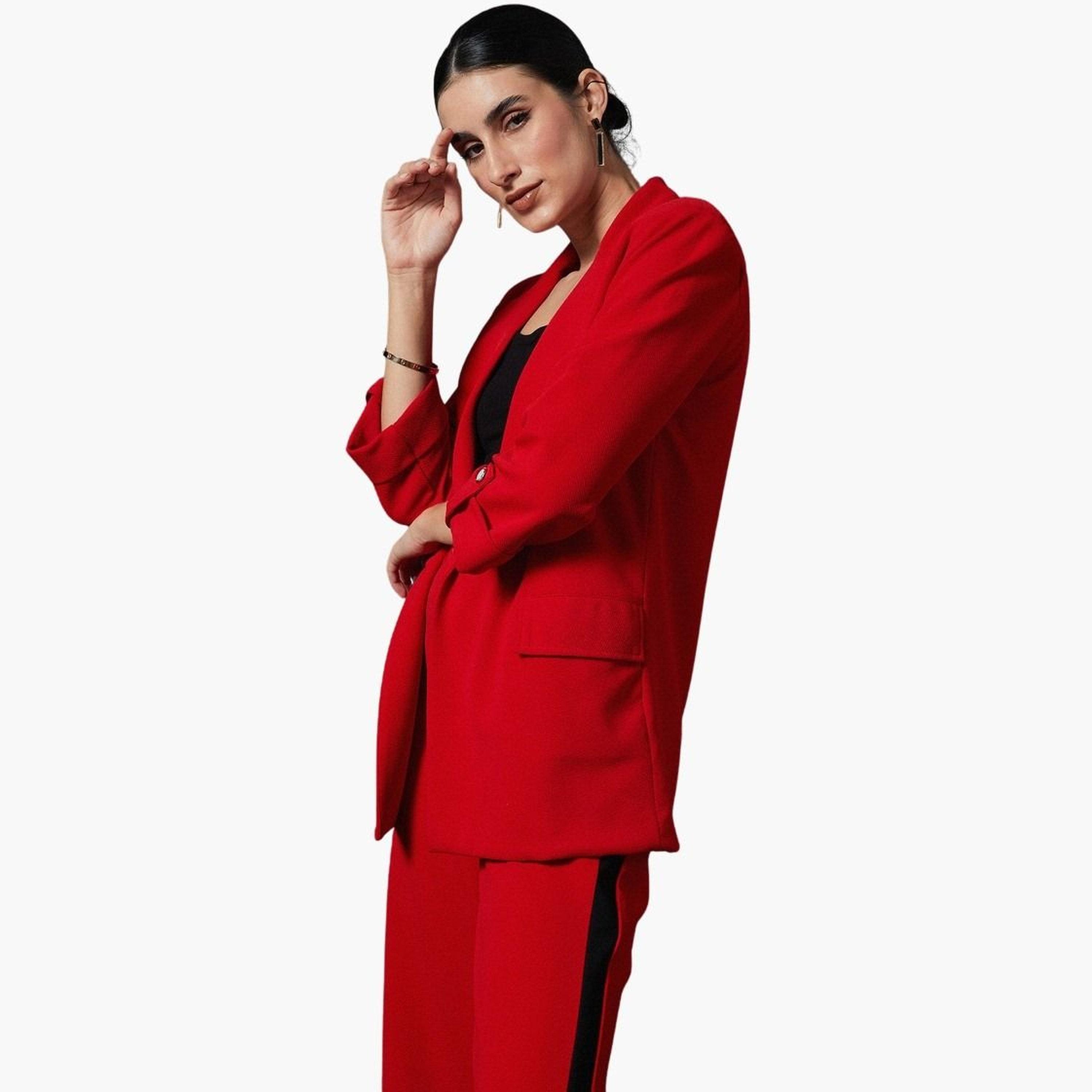 ساسافراس - سترة حمراء سادة ذات ياقة مدببة وصدر واحد للنساء -women-clothing-coatsandjackets-blazers-image-3