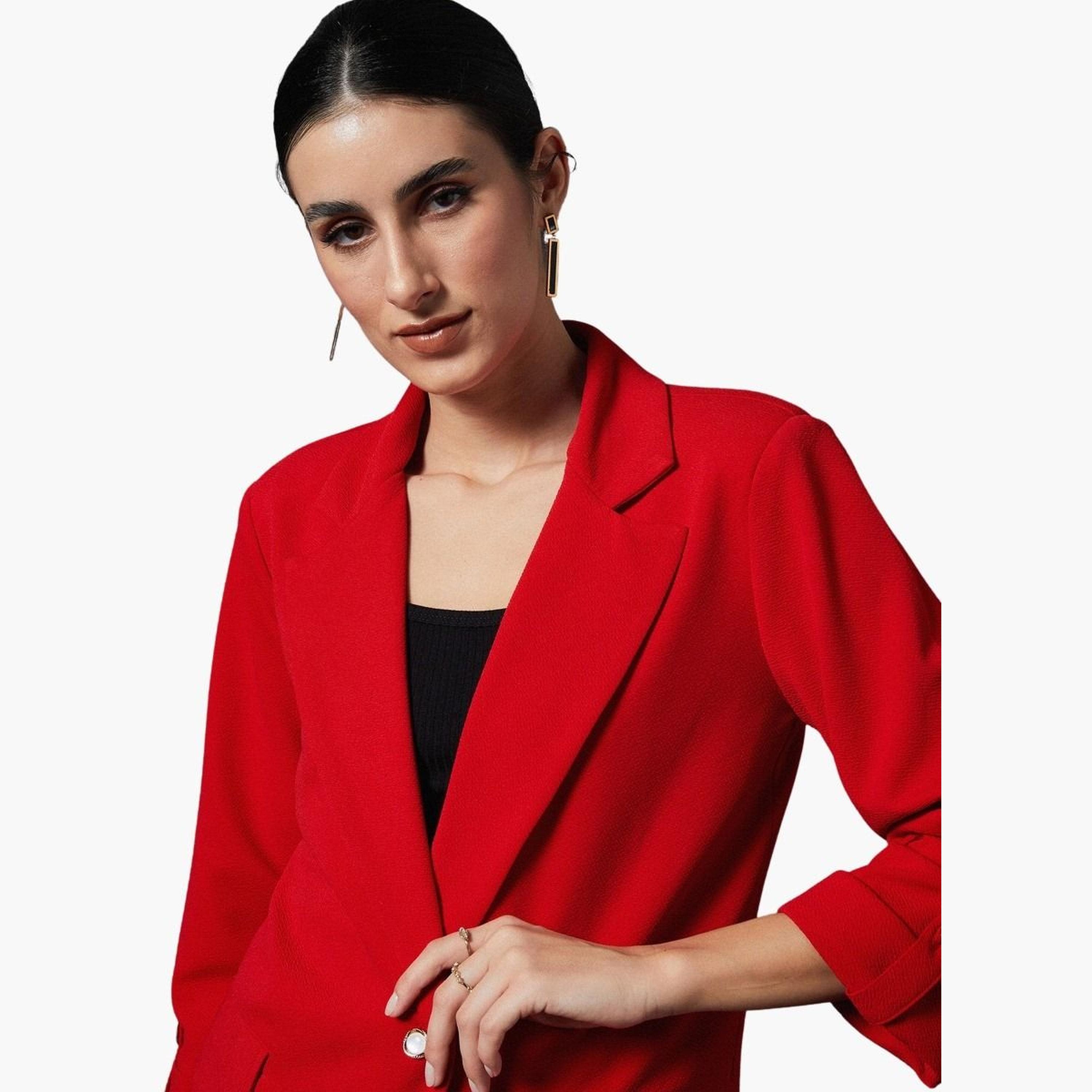 ساسافراس - سترة حمراء سادة ذات ياقة مدببة وصدر واحد للنساء -women-clothing-coatsandjackets-blazers-image-4