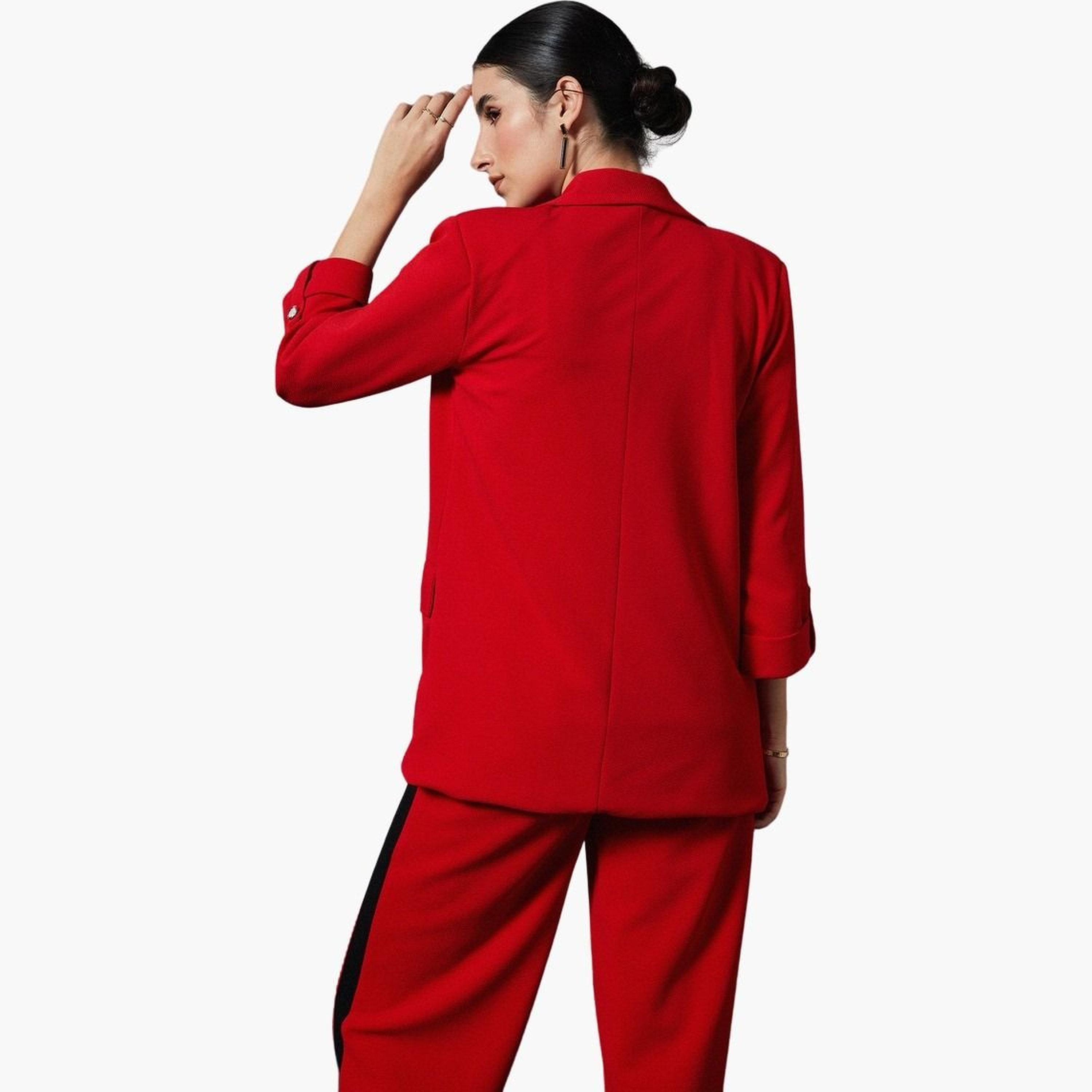 ساسافراس - سترة حمراء سادة ذات ياقة مدببة وصدر واحد للنساء -women-clothing-coatsandjackets-blazers-image-5