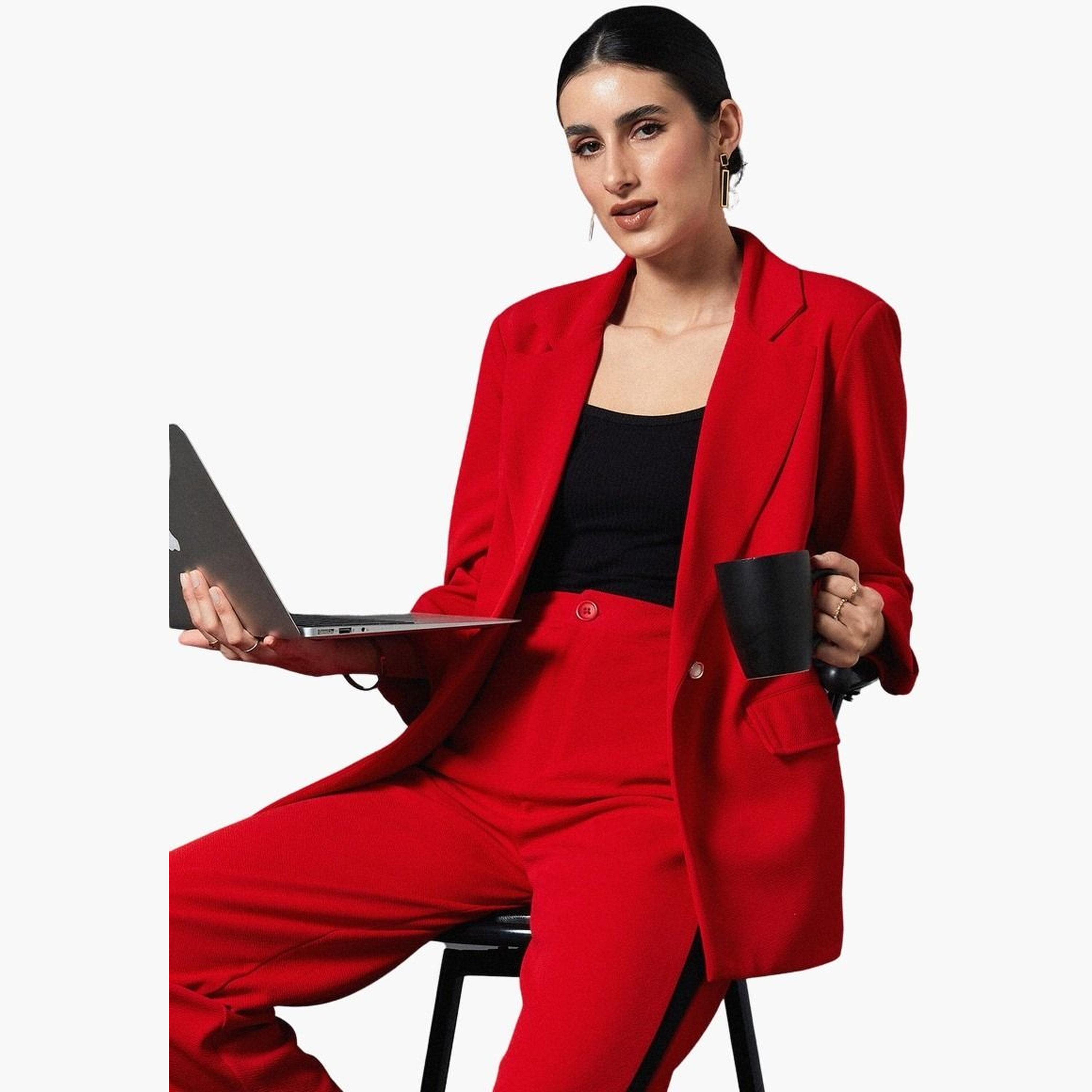 ساسافراس - سترة حمراء سادة ذات ياقة مدببة وصدر واحد للنساء -women-clothing-coatsandjackets-blazers-image-6