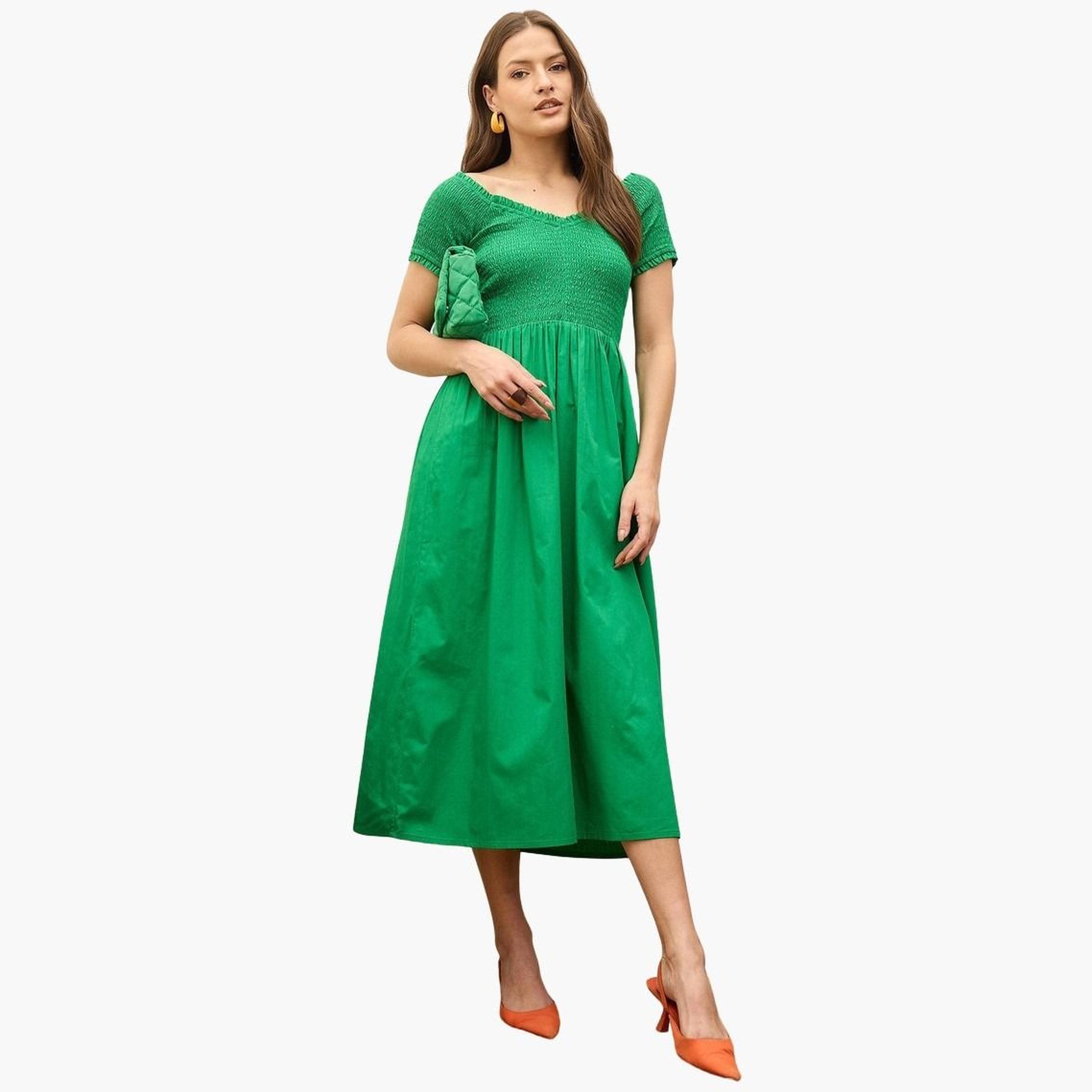 ساسافراس - فستان متوسط ​​الطول بتفاصيل مطرزة لون أخضر زمردي للنساء-women-clothing-dresses-image-1